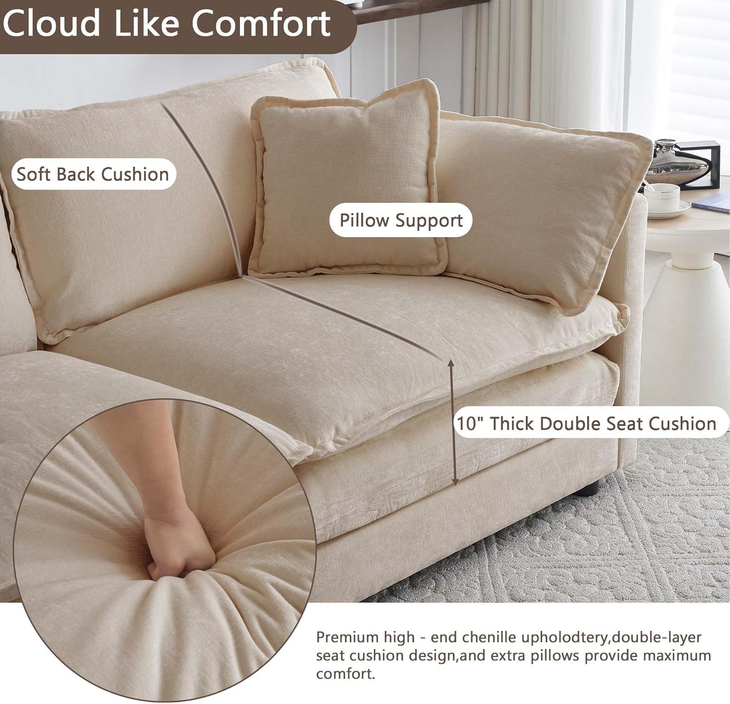 Sectional Sofa 3 Seater with Movable 2 Ottomans,Oversized Modular Couch Deep Seat (Light Coffee, 111.5 inch-U)