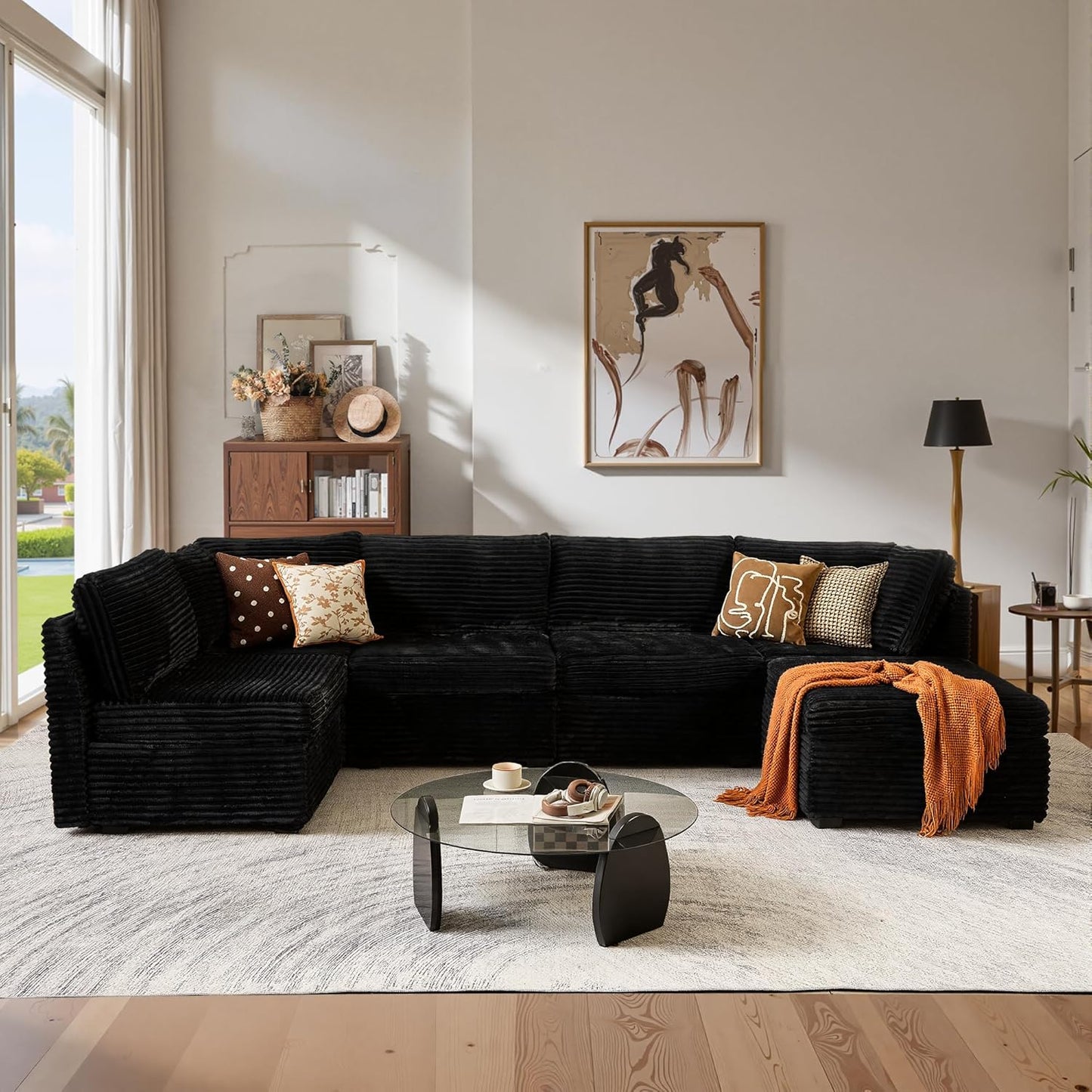 ovios Sectional Sofa Couch with U-Shape Chaise Sofa Bed, Comfy Modular Cloud Couches with Deep Seat, Modern Upholstered Plush Corduroy Sofas Set for Living Room, 6-Seater, Black