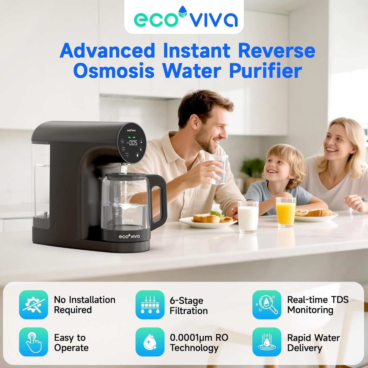Ecoviva Countertop Reverse Osmosis Water Filter, 6 Stage RO Water Filtration System with Glass Carafe, TDS Displayr, 3:1 Pure to Drain, Portable No Installation Water Purifier Black