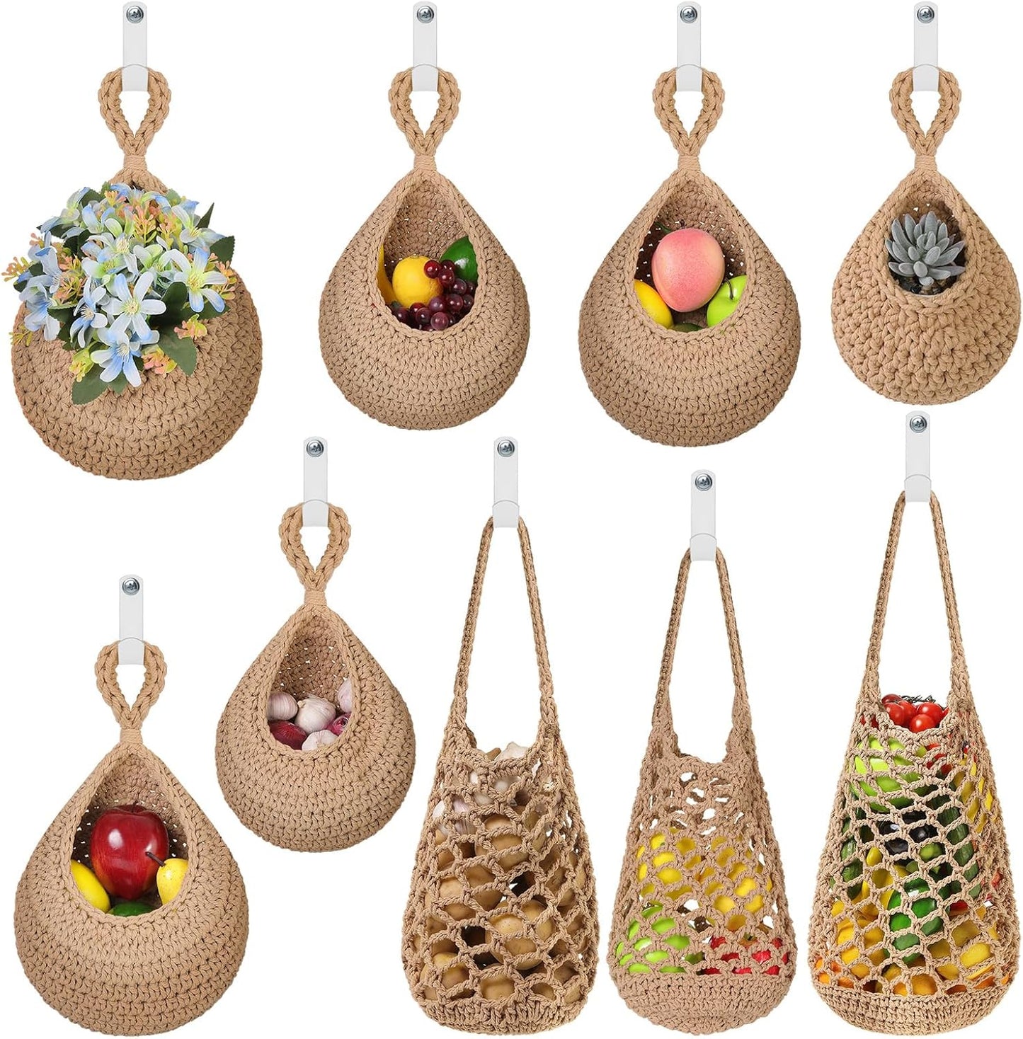 AARAINBOW Boho Wall Hanging Baskets for Kitchen Storage, Fruit Woven Wall Basket 9 Pcs, Hanging Vegetable and Onion Storage with 24 Hooks （Brown）