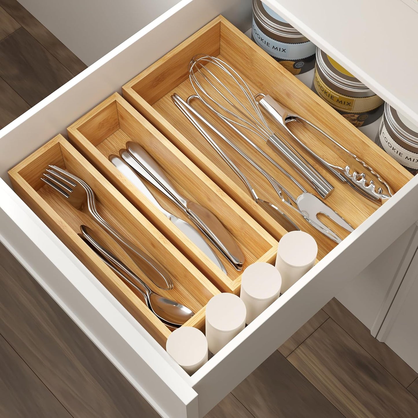 BAMEOS 3-Piece Bamboo Drawer Organizer, Utensil Organizer for Drawer, Junk Drawer Organizer for Kitchen Bathroom, Dressing Room, Office, Pantry (Natural)