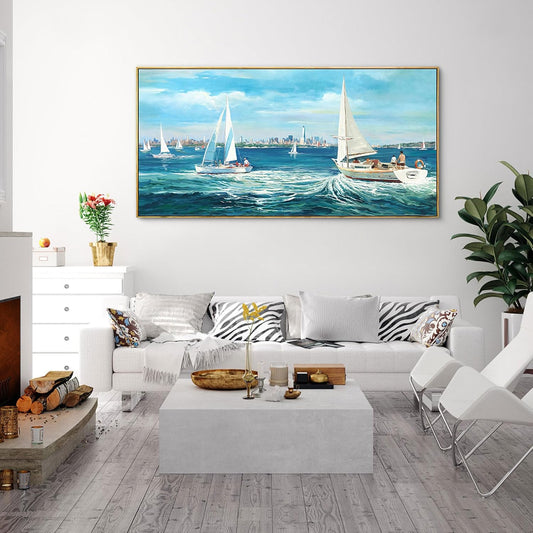 XLSJERST Blue Canvas Wall Art Seascape Painting - Landscape Picture Textured Navy Modern Sailboat Ocean Artwork Framed for Living Room Bedroom Bathroom Home Office Wall Decor Large Size 20"x40"