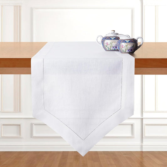 D'Moksha Homes White Linen Table Runner 60 Inches Long - 100% Pure Linen Diamond Table Runner 14 x 60 Inch for Dining, Fall and Halloween - Machine Washable