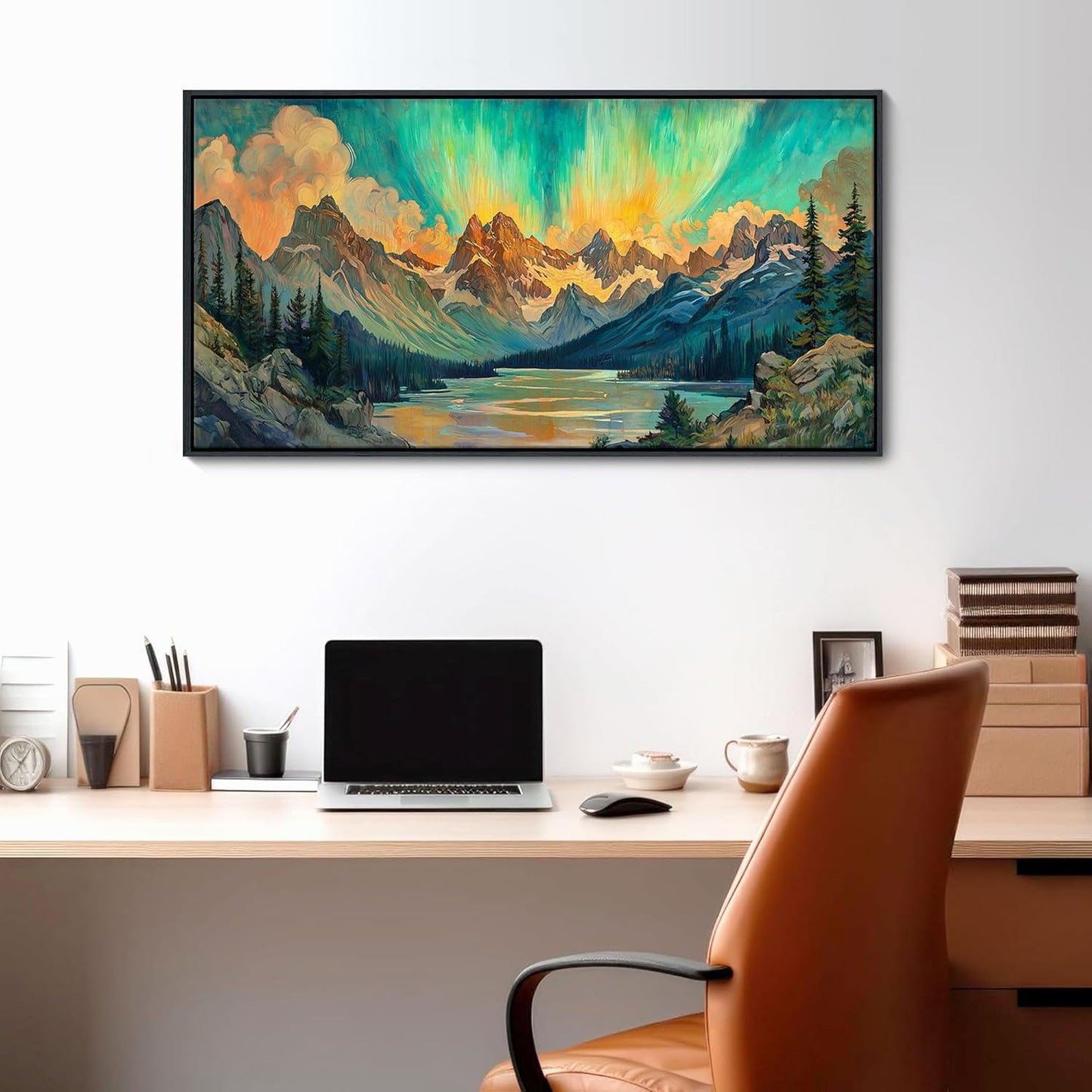 JEAWA Framed Canvas Wall Art - 20x40 In Abstract Painting Decor, Textured Mountain Lake Tree Aurora Pictures, Modern Art Prints for Bedroom Living Room Bathroom Home Decoration