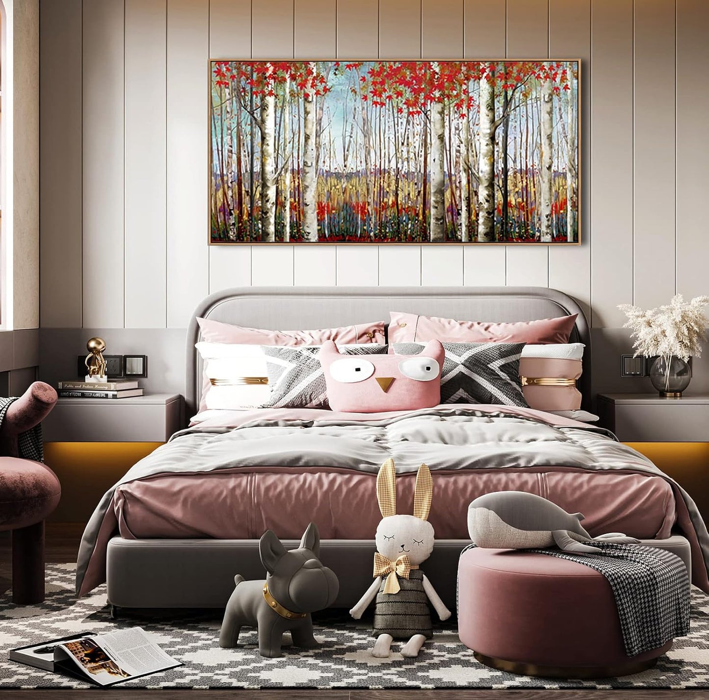 Large Framed Wall Art for Living Room Birch Tree Wall Decor Red Forest Painting Artwork Wall Decoration Nature Pictures Wall Art Fall Above Bed Wall Decor