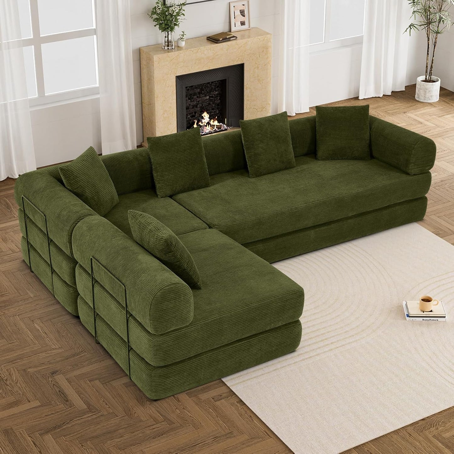 Convertible Sleeper Sofa Bed Set with Pillow, 4-in-1 Corduroy Folding Mattress Boneless Couch with Fixed-Shape Frame, Fold Out Floor Sofa Cama Lounge Couch for Living Room, Olive Green