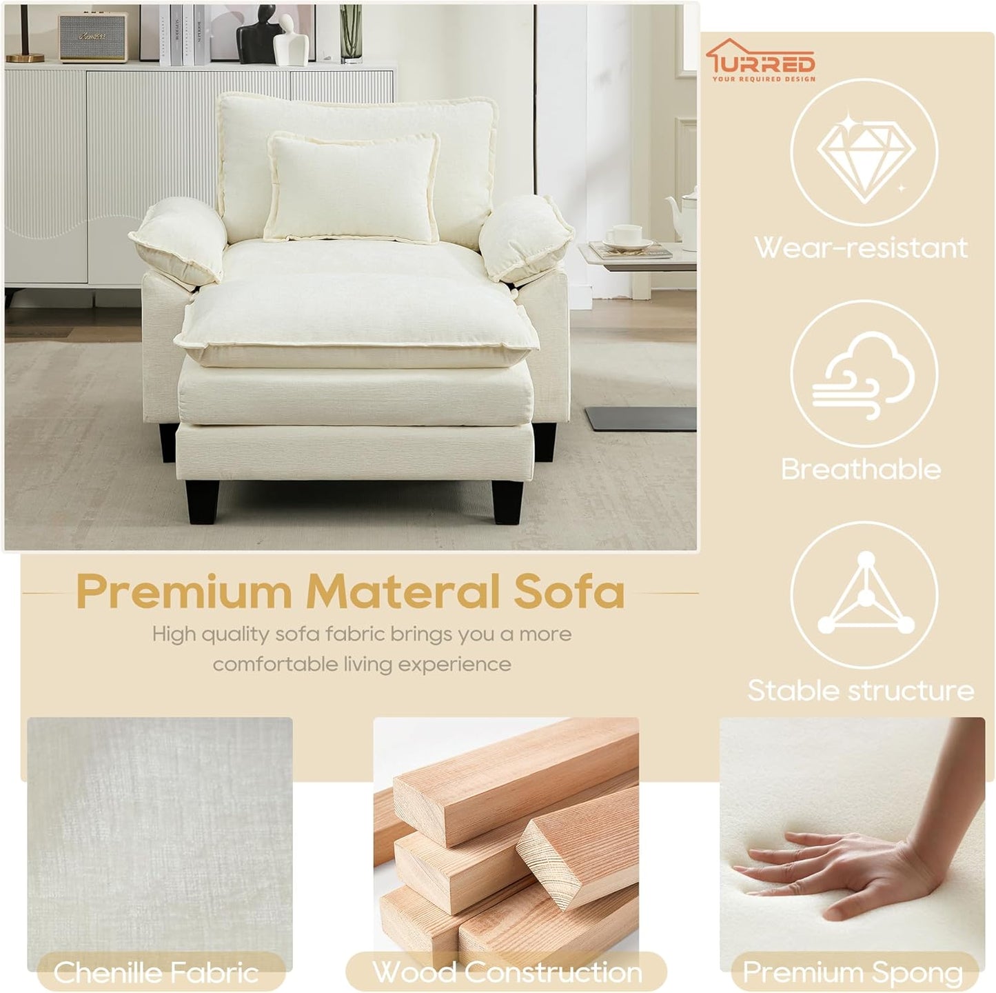 URRED Modular Sectional Sofa Comfy Cloud Couch, Modern Chenille Sofa Sleeper Deep Seat Couches with Ottoman/Pillows for Living Room (White, 53''- Ottoman)