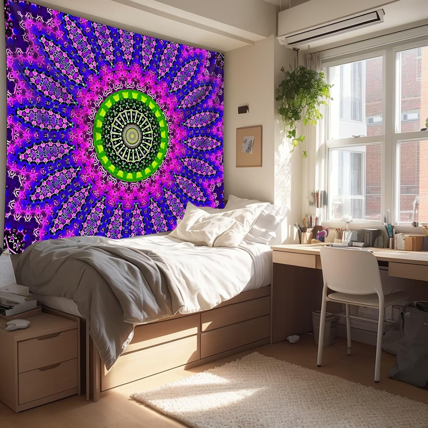PSYHILAR Blacklight Mandala Tapestry for Bedroom, XL Black Light Posters for Adults and Teens, Red UV Reactive Aesthetic Bohemian Wall Art Decor (90 x 70 Inches)