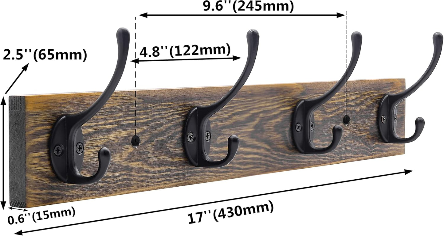 IBosins Wall Mounted Coat Rack, 2 Pack Metal Wood Coat Rack with 8 Black Rustic Hooks for Scarf, Bag, Towel, Key, Cap, Cup, Hat