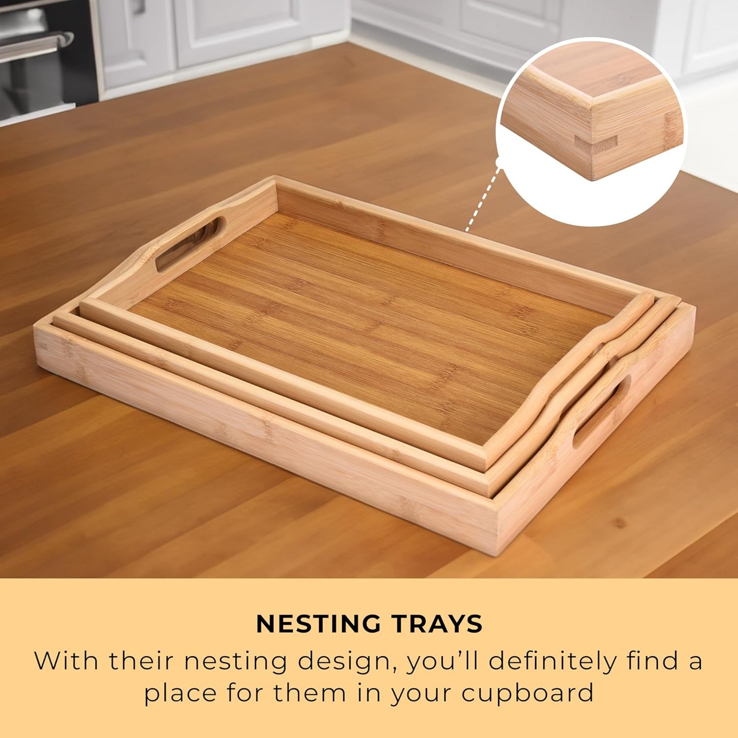 Prosumers Choice Wooden Tray - Light Brown Serving Trays with Handles - Nesting Design for Space Saving - Wooden Serving Tray for Food, Drinks, Snacks - Set of 3