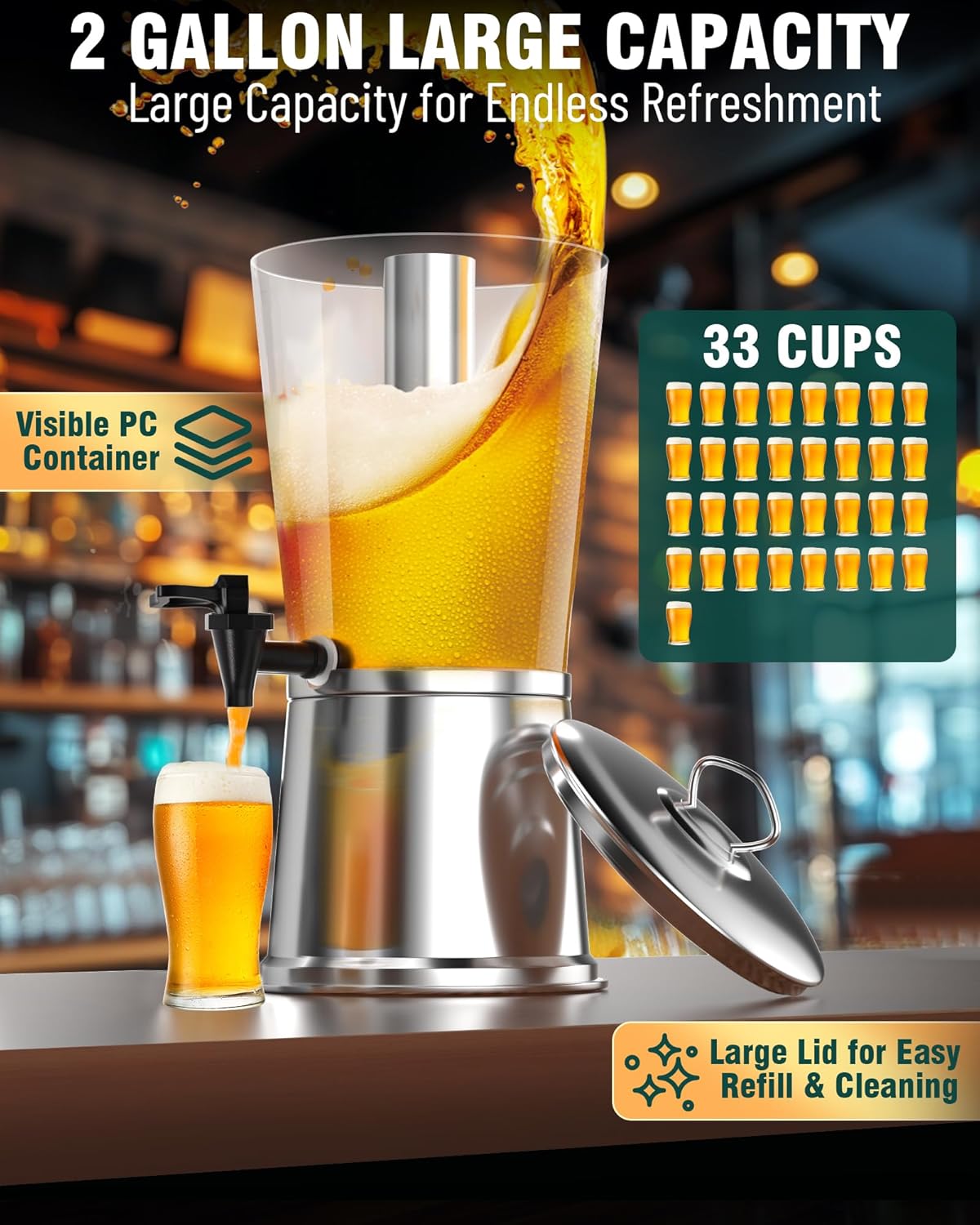 WantJoin Beverage Dispenser With Stand, Drink Dispenser for Party, Stainless Steel Water Dispenser with Ice Core, Spigot, Drink Jar Jug For Home Parties Lemonade, Clear Acrylic, 2-GALLONS 8 Liters