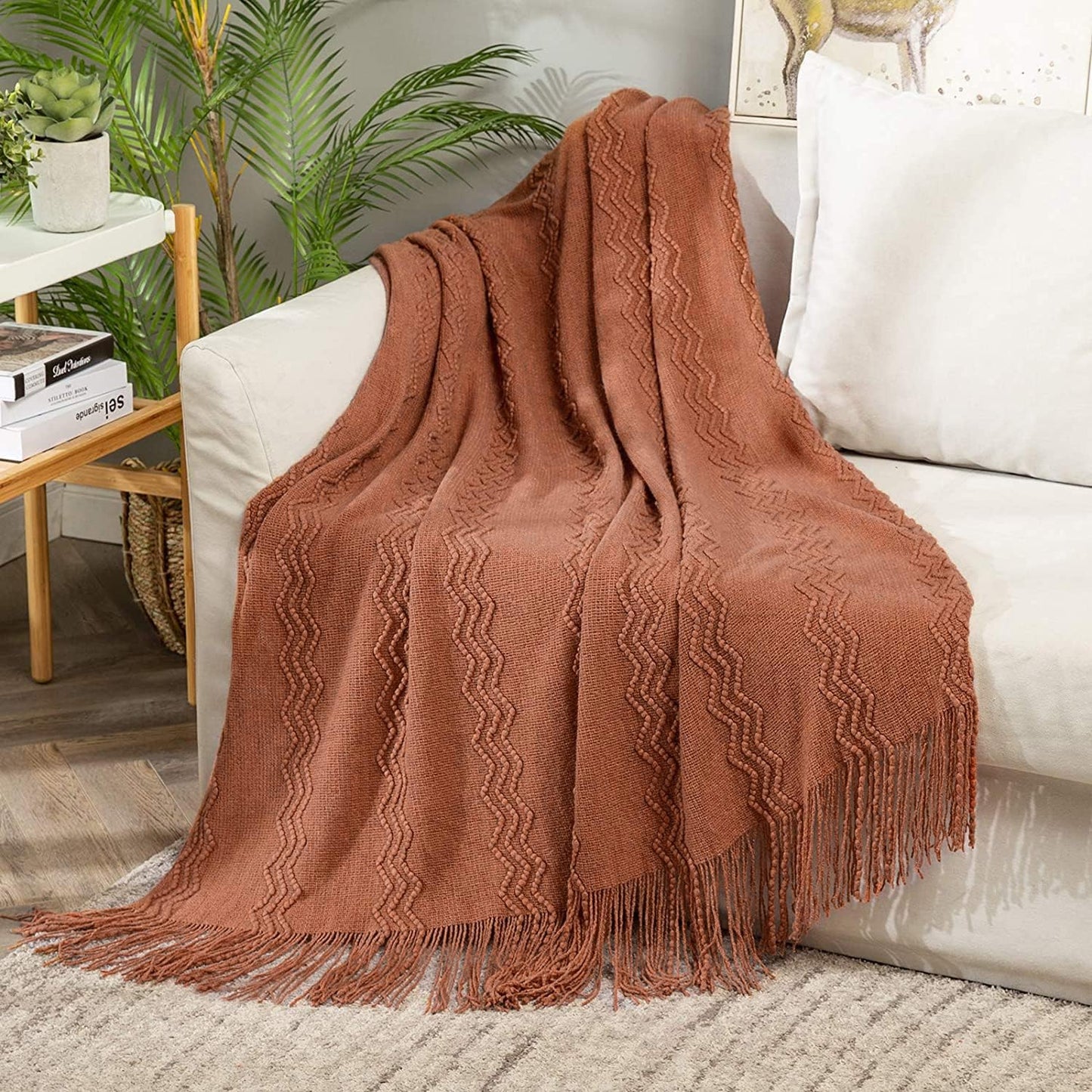 MIULEE Knitted Boho Throw Blanket for Couch Textured Knit Terracotta Rust Blanket with Tassels Cozy Woven Farmhouse Blanket for Sofa Bed Chair Wave Pattern Fall Decor 50"x60", Orange