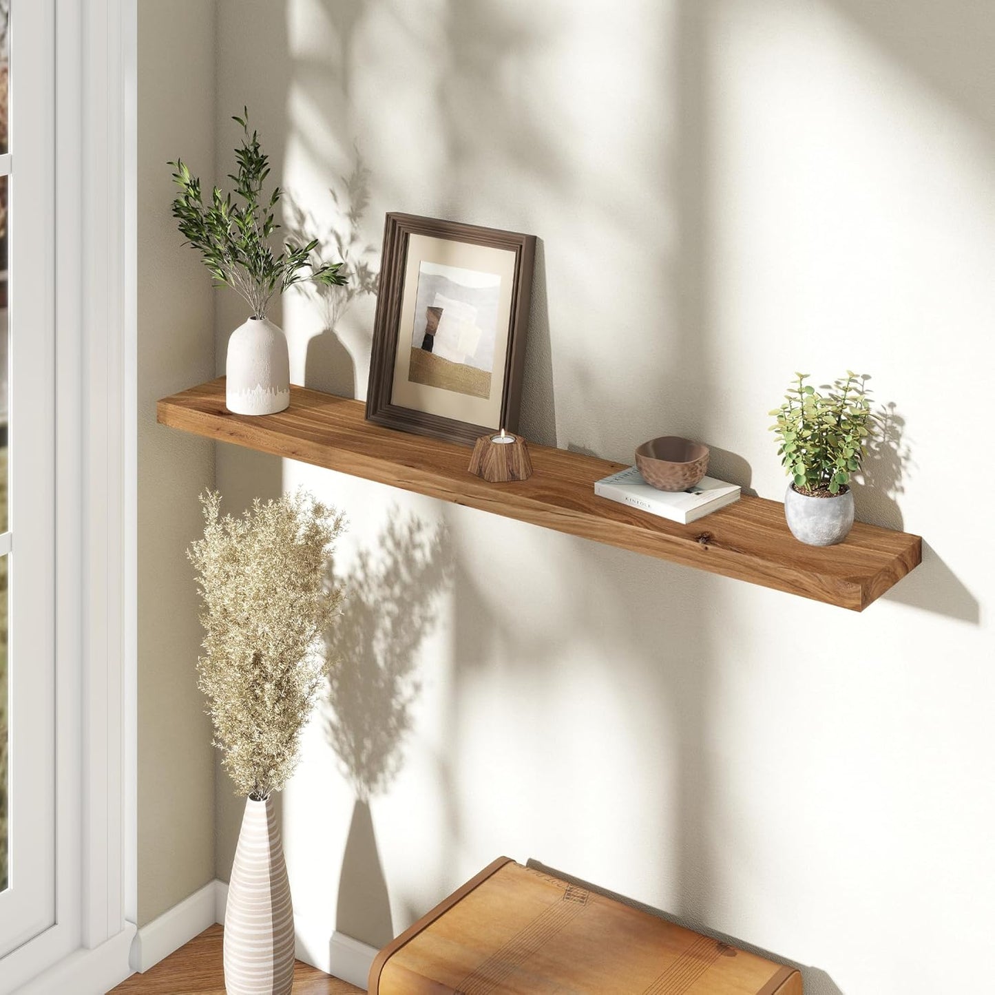 55" Floating Shelves for Wall, Rustic Elm Wood Floating Shelf for Home Decor, Wall-Mounted Display Shelves with Heavy-Duty Bracket, Long Floating Shelf for Bathroom, Kitchen, Natural Color