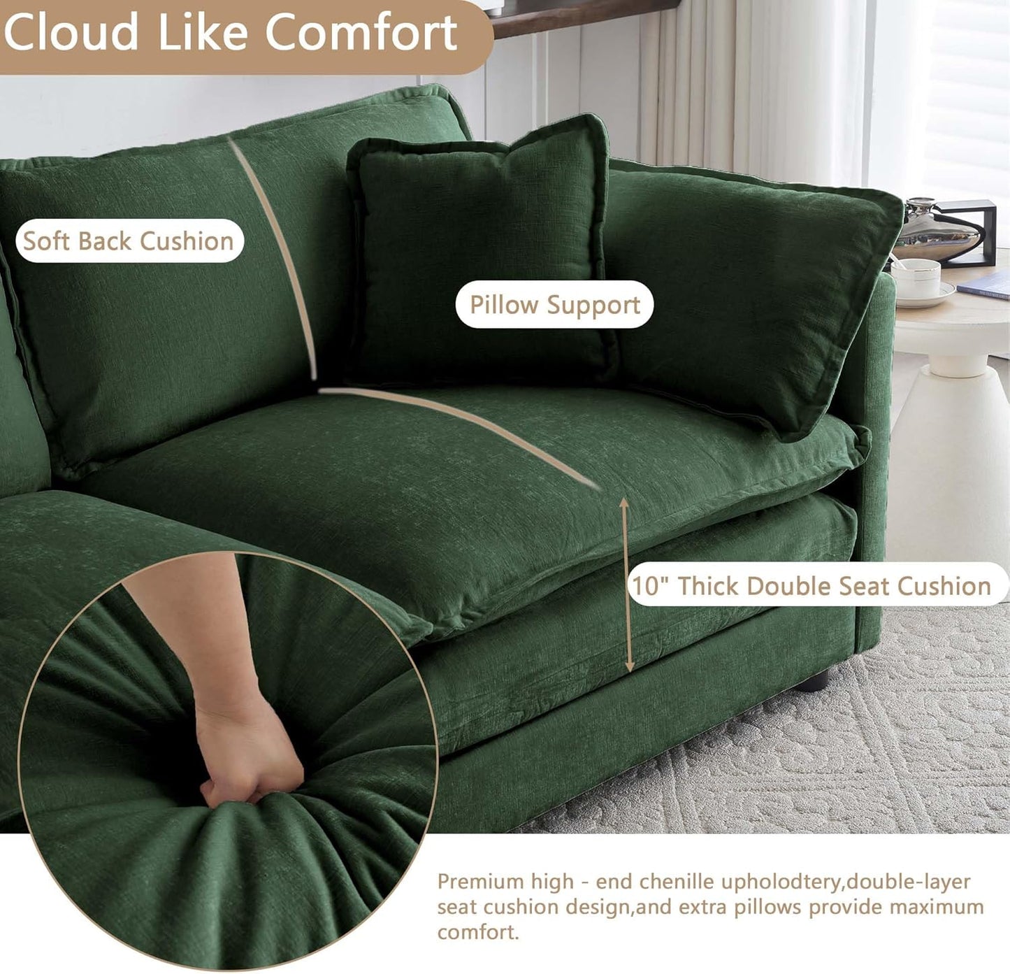 Sectional Sofa 4 Seater with Movable 2 Ottomans,Oversized Modular Couch Deep Seat (Green, 146.5 inch-U)