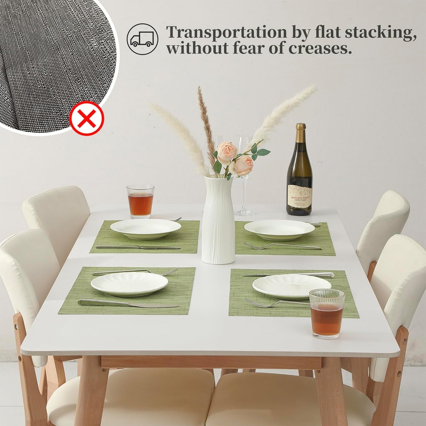Leetaltree Pea Green Placemats Set of 4 - Heat Resistant Non-Slip Place mats for Dining Table, Washable Durable PVC Vinyl Woven Table Mats（Pea Green, 4）