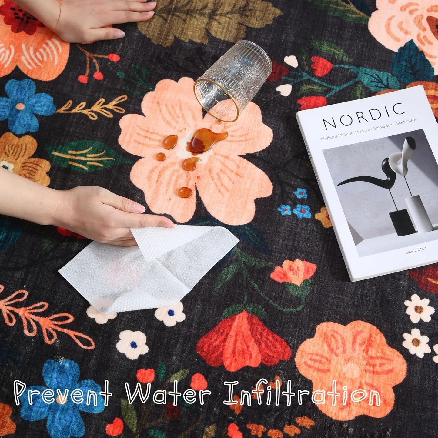 Round Rug 6ft Washable Circle Rug Non Slip Low Pile Boho Floral Small Circular Rug for Bedroom, Bathroom, Entryway, Kids Room, Office, College Dorm(Black)