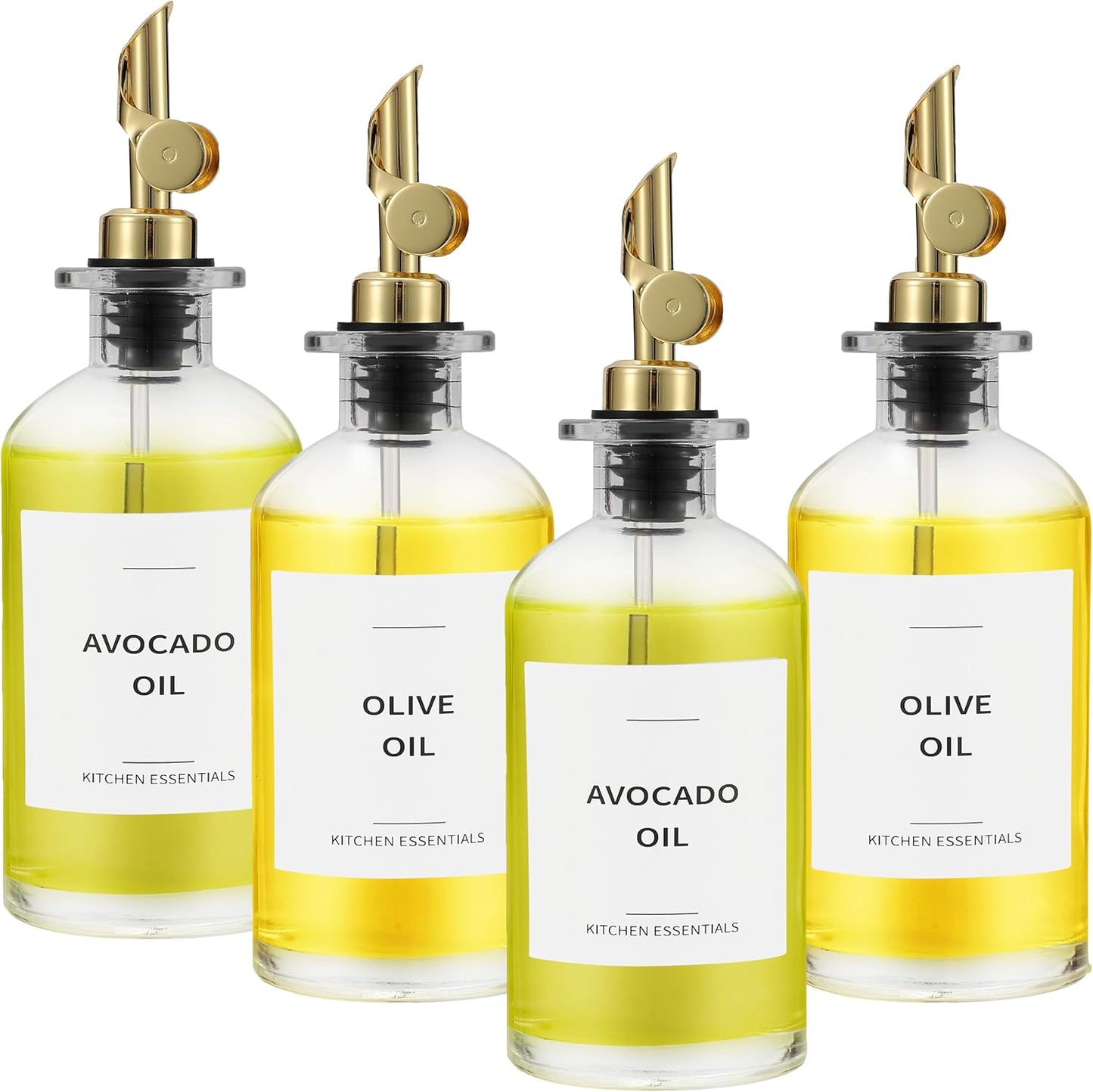 Olive Oil Dispenser Bottle - Includes 55 Kitchen Essential Labels - Cooking Oil Bottles for Kitchen, Coffee Syrup Dispenser - Pourer Spout with 11.8 fl oz Glass Container Cruet - 4pcs, Gold