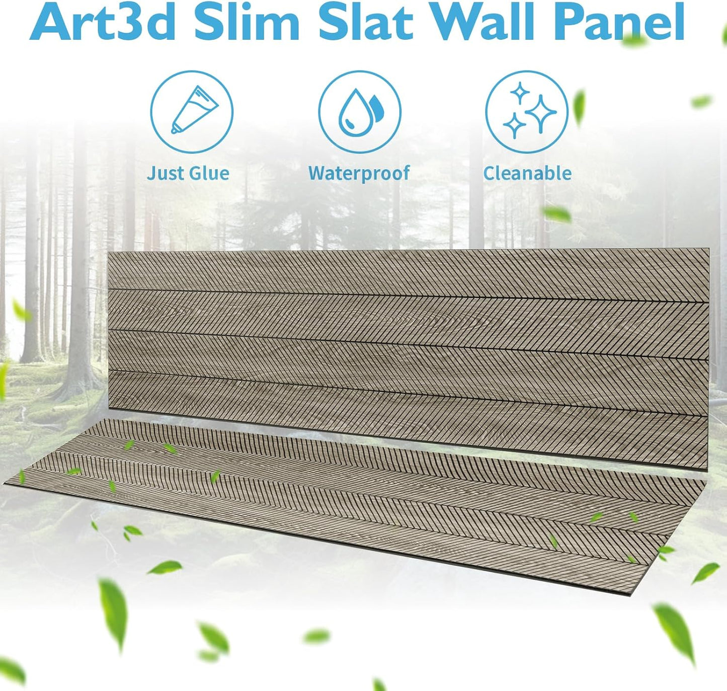 Art3d 4-Pack Glue-On Herringbone Wainscoting Panel for Interior Wall Decor - 104 x 12 Inch Polystyrene Ultralight Slim Slat Wall Panels for Living Room Bedroom, Ashtree