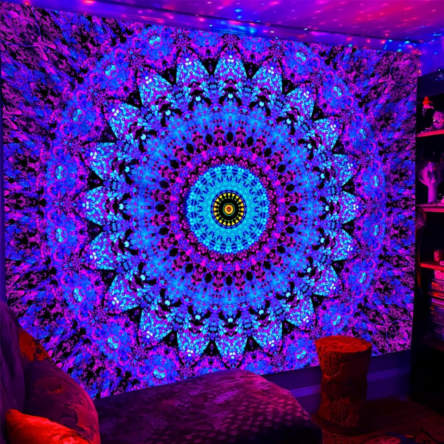 Blacklight Mandala Boho Tapestry, Black Light Bohemian Hippie Poster for Adults and Teens, UV Reactive Aesthetic Wall Art Decor for Bedroom (60 x 50 Inches)