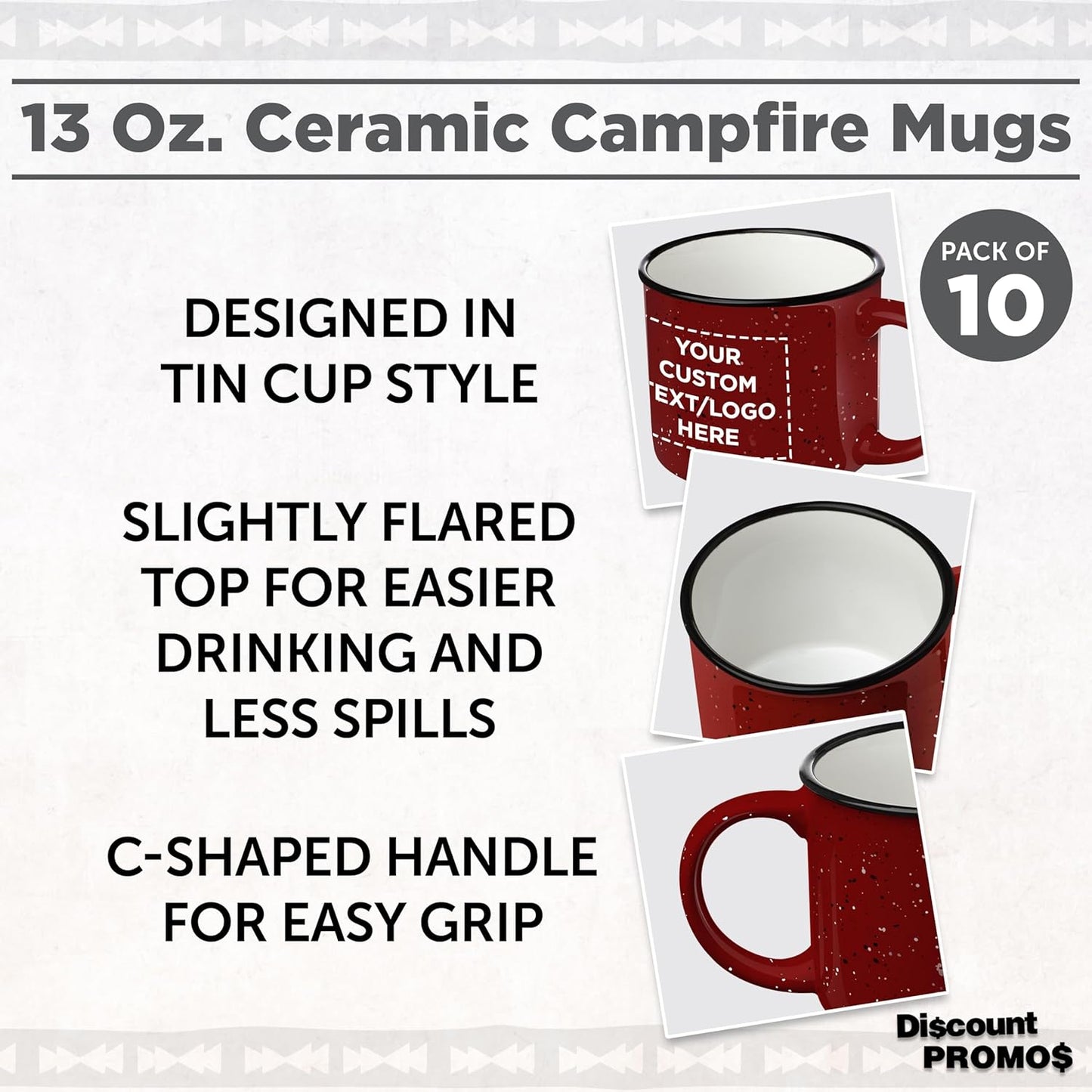 DISCOUNT PROMOS Custom Ceramic Campfire Coffee Mugs 13 oz. Set of 10, Personalized Bulk Pack - Perfect for Tea, Espresso, Cappuccino, Hot Cocoa - Red