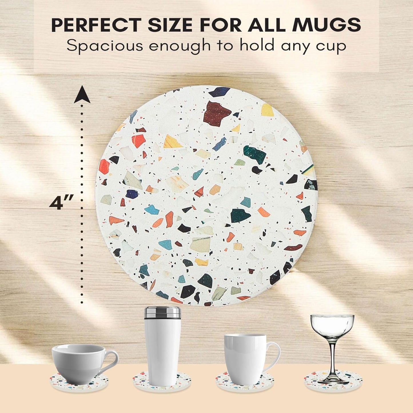 Terrazzo Drink Absorbent Coasters with Holder Set of 6, Ceramic Coaster for Drinks, Coffee Table Decor, Water Absorbing Stone Coaster for Drinks (Mosaic)