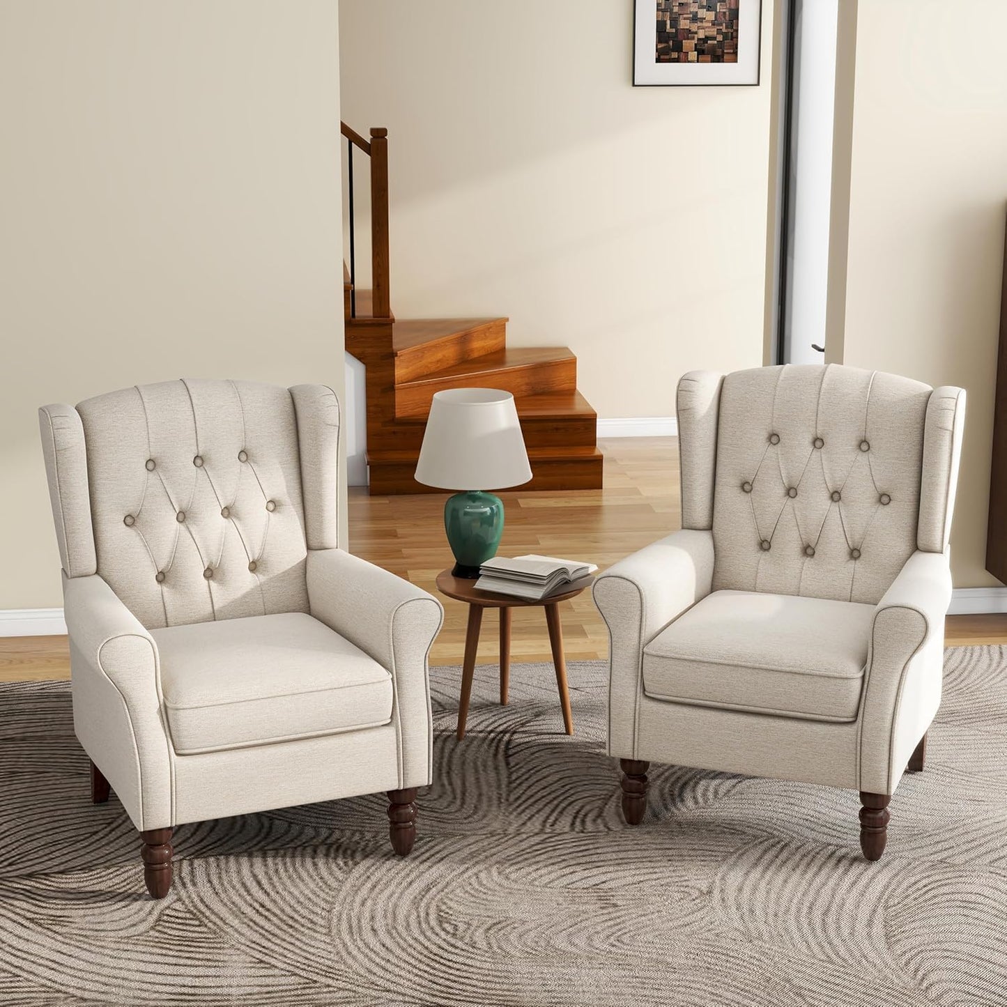 UIXE High Back Accent Chairs Set of 2, Upholstered Armchair in Fabric for Living Room, Retro Wingback Arm Chair Comfy Single Sofa Bedroom Reading Seat with Solid Wood Legs - Beige