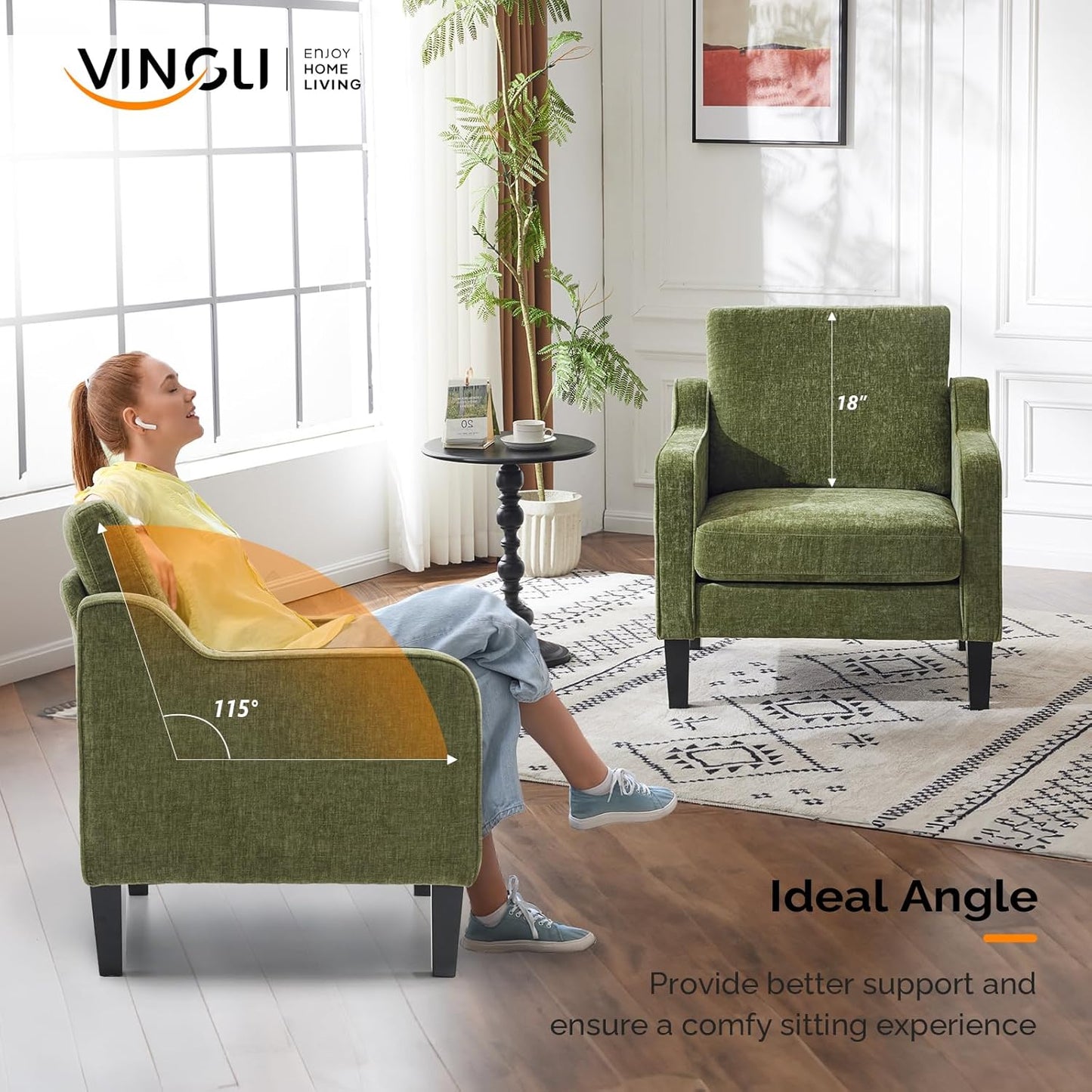 VINGLI Accent Chair for Living Room Chairs Olive Green Reading Chair for Bedroom Scooped Arm Chair Mid Century Modern Accent Chairs Upholstered Comfy Chair for Apartment, Waiting Room