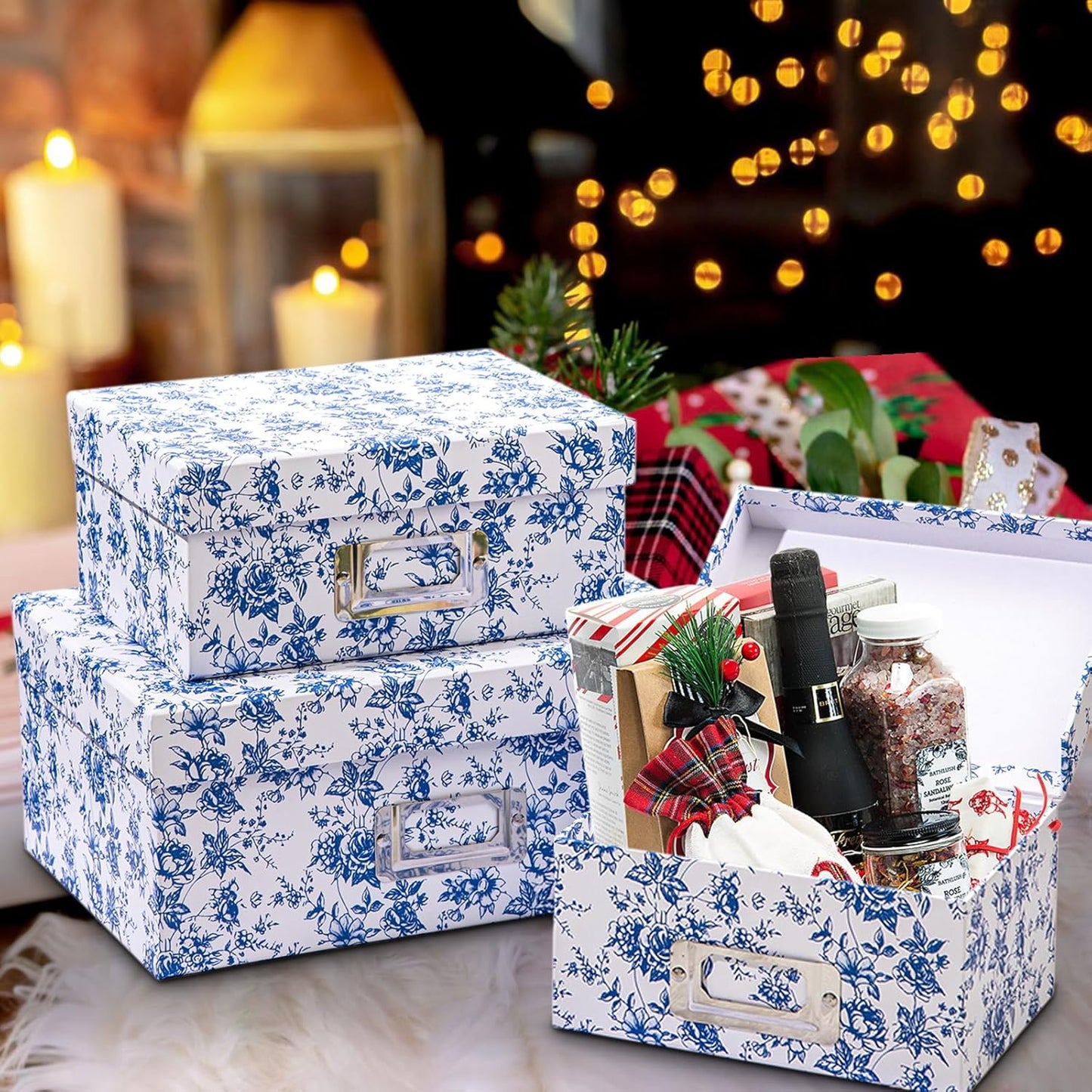 Briful Blue and white Porcelain Storage Boxes, Photos Storage Boxes with Lids 4 in 1 Set Water-proof Gift Boxes Sets Decorative Multiple Size Storage Bins for Clothes/Shoes/Office/Cosmetic/Books