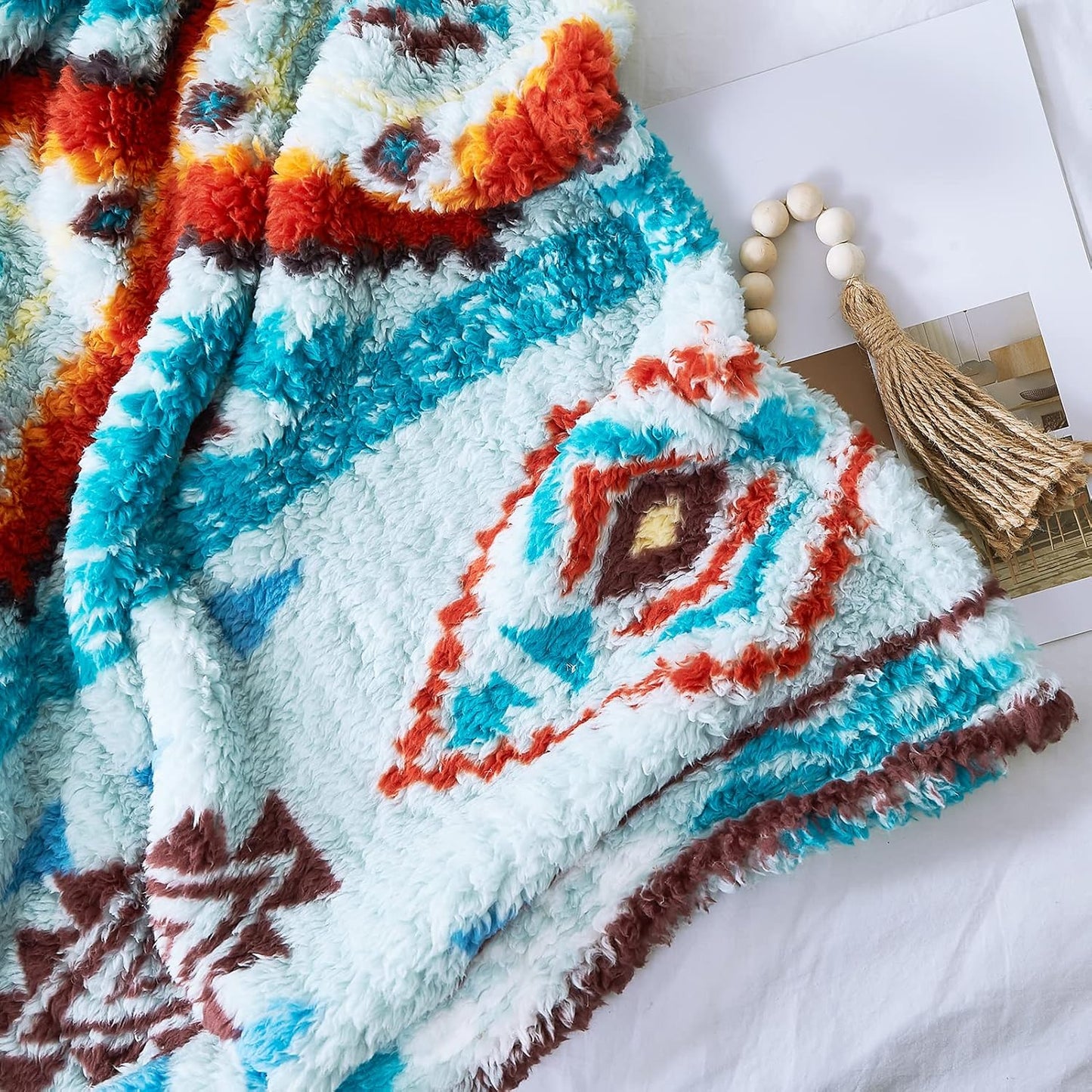 CASAAGUSTO Boho Sherpa Blanket,Teal Aztec Twin Blanket, Ultra Soft, Warm, Cozy, Plush, Thick Fleece Western Blanket for Couch, Bed, Sofa (Aqua 60 * 80 Inch)