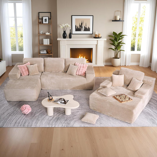 HOOOWOOO Cloud Sectional Couches for Living Room,Modular Sectional Sofa No Assembly,Plush Corduroy Large Floor Couch Furniture Set with Deep Seat Left L Shape and Chaise Lounge(Beige)