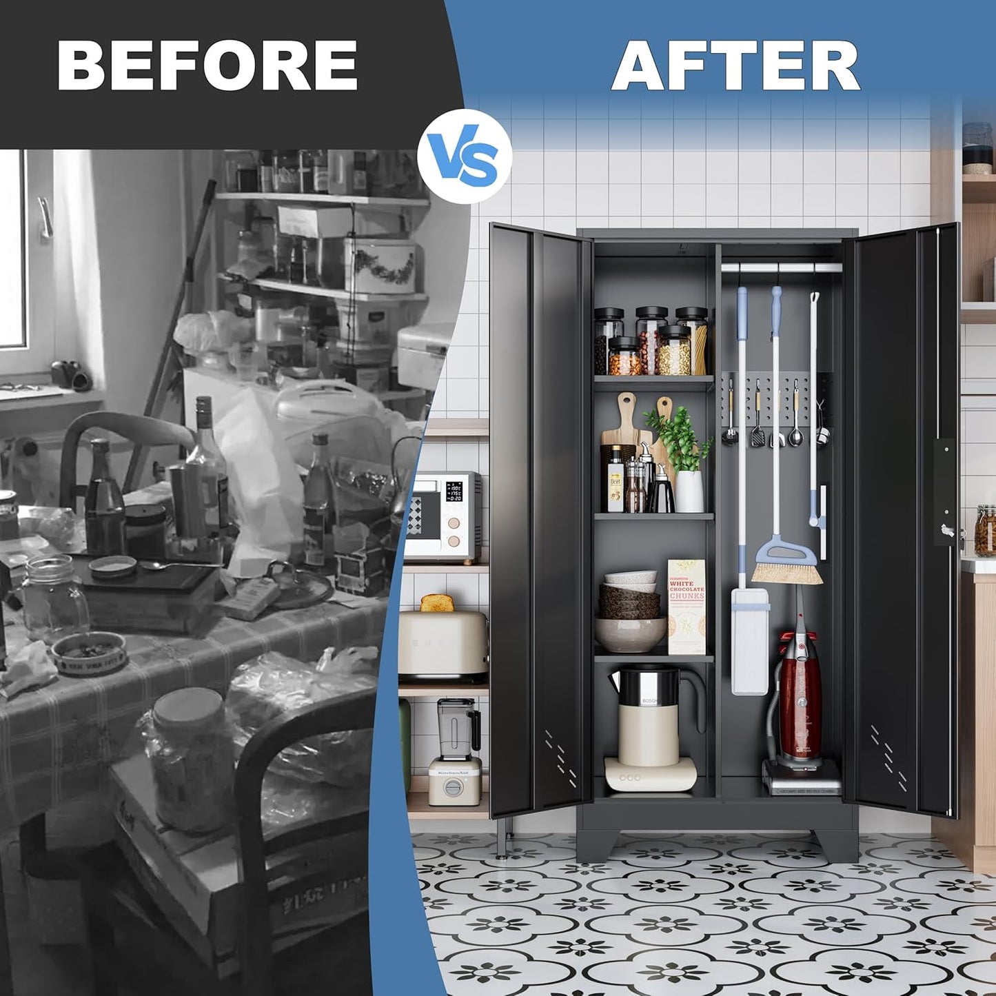 61" Broom Closet Storage Cabinet, Metal Storage Cabinet with Doors, Utility Cabinets for Brooms and Mops, Cleaning Tool Cabinets for Garage, Laundry Room, Bathroom