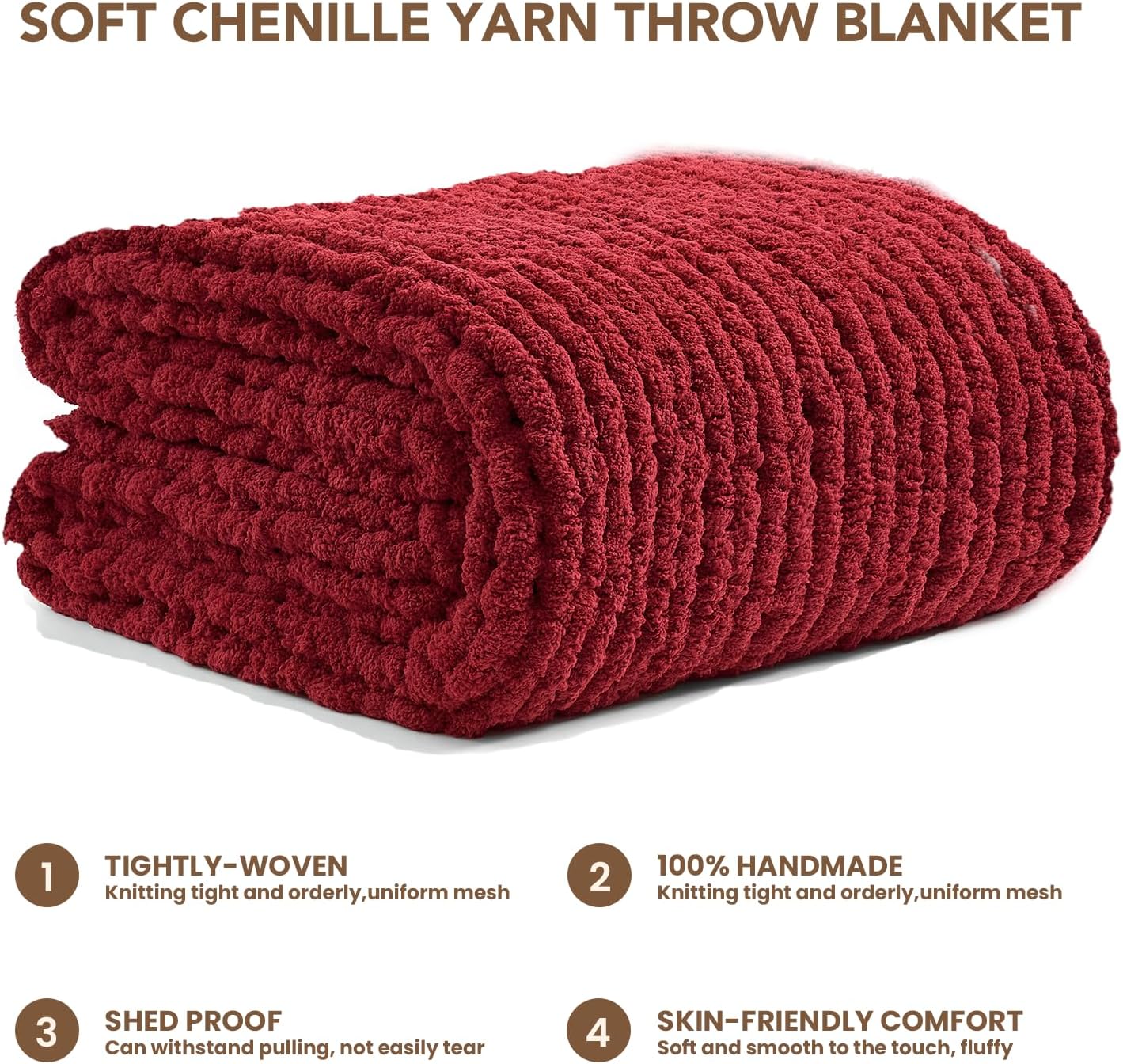 L'AGRATY Chunky Knit Blanket Throw: 50''x60'' Chenille Chunky Knitted Throw Blankets for Bed Couch - Handmade Thick Cable Knit Blanket - Large Crochet Rope Blankets for Home Decor(Maroon Red)