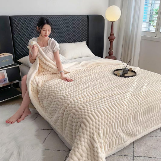 UKELER Sherpa Bed Blankets 80 × 90 inch, Ultra Soft Queen Size Throw Blanket for All Season, 470 GSM Cozy Plush Striped Fleece Blanket for Bedroom Living Room Dorm Hostel Sofa Camping, Off White