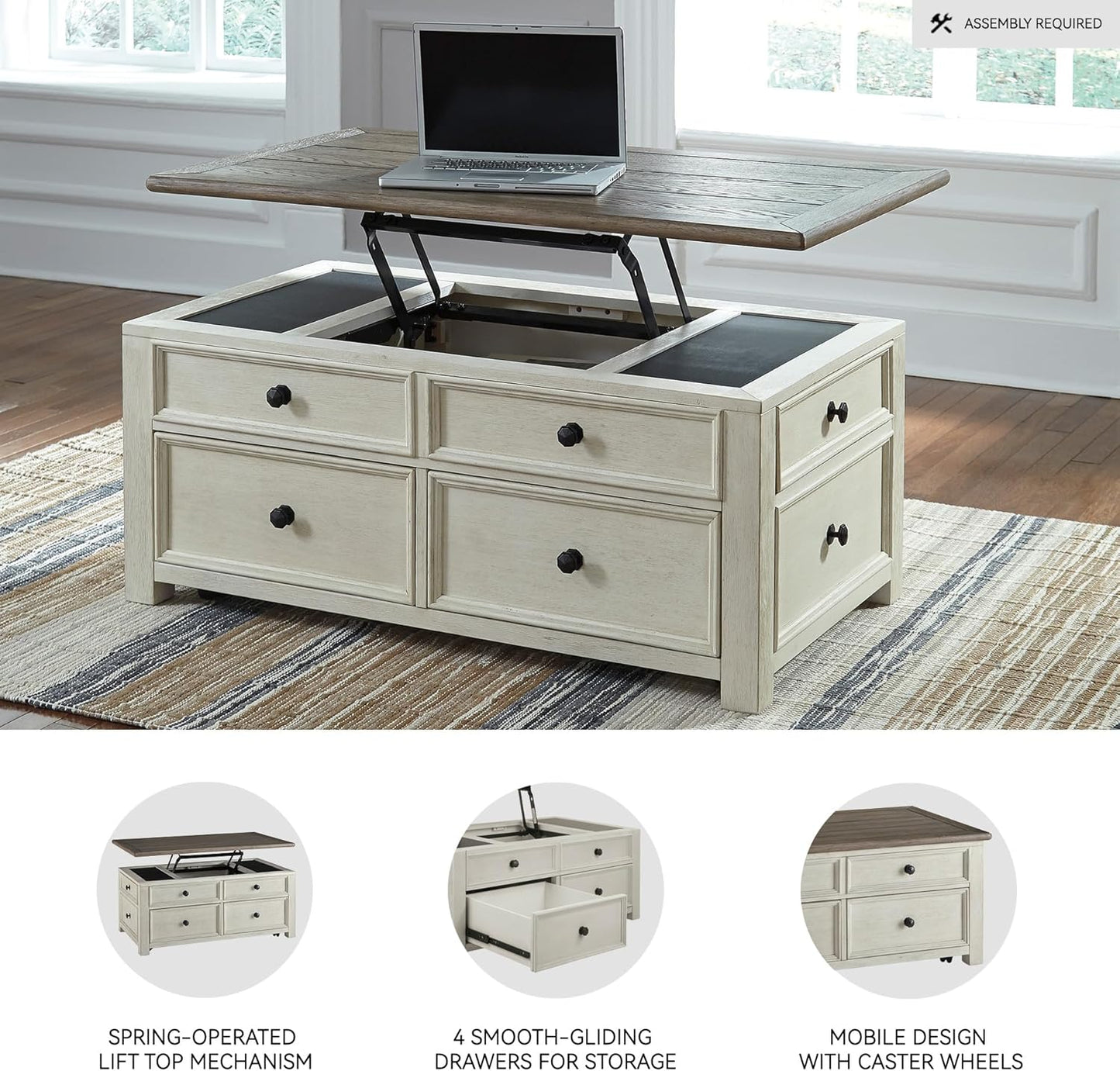 Signature Design by Ashley Bolanburg Farmhouse Lift Top Coffee Table with Drawers, Antique Cream & Brown