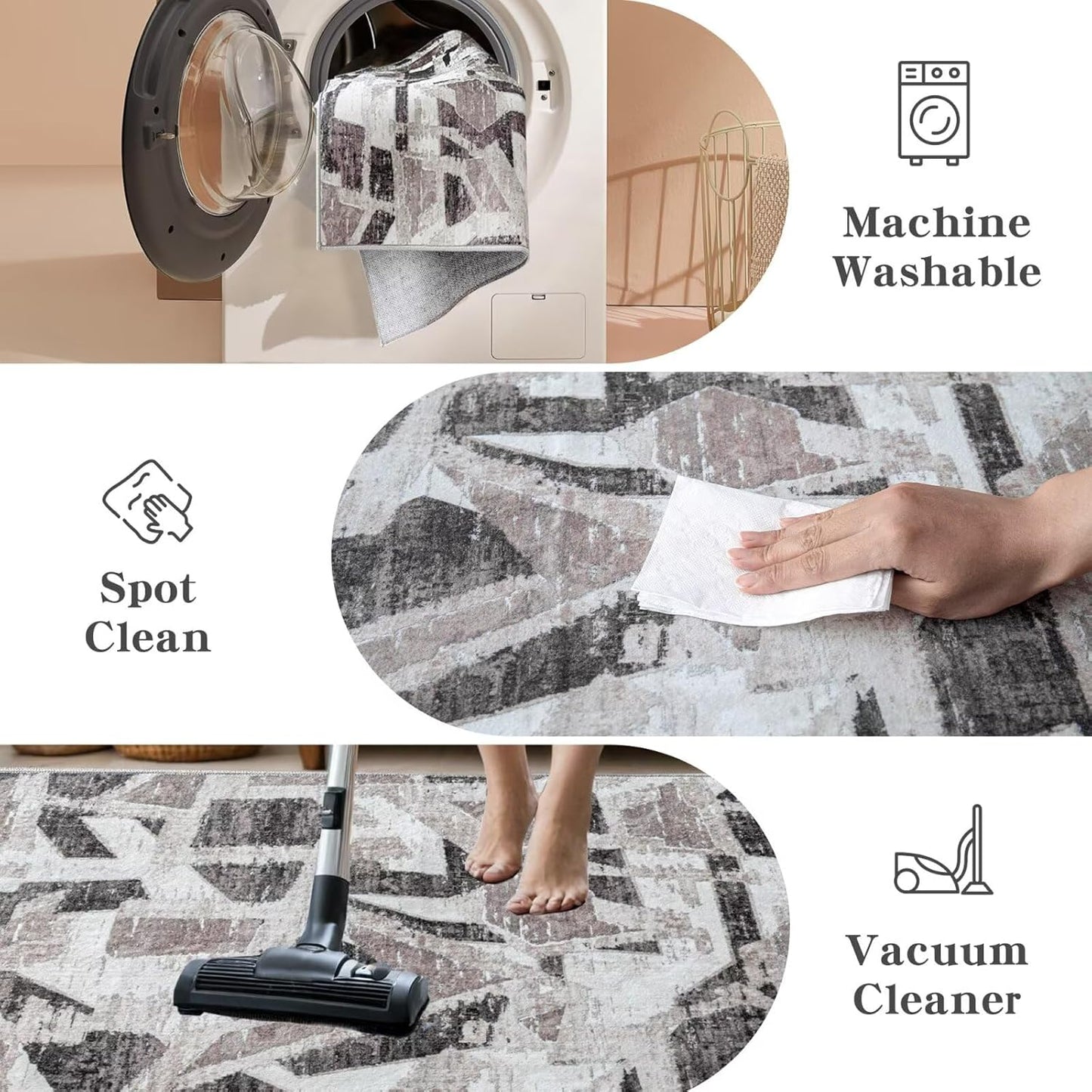 Modern Abstract 5X7 Area Rug for Living Room Bedroom Washable, with Non-Slip Rubber Backing Print Faux Wool Thin, Grey Throw Large Carpet for Kids Playroom Dining Room Pet & Child Friendly