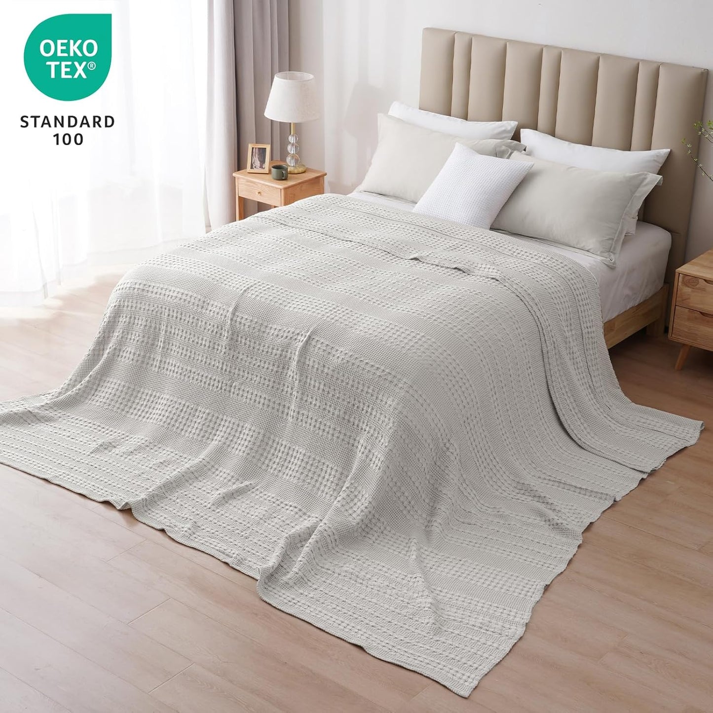 PHF 100% Cotton Waffle Blanket Oversized King 120"x120", Lightweight Breathable Extra Large 10'x10' Summer Blankets for Bed, Giant Big Luxury Aesthetic Woven Bedding for Home Decor, Light Grey