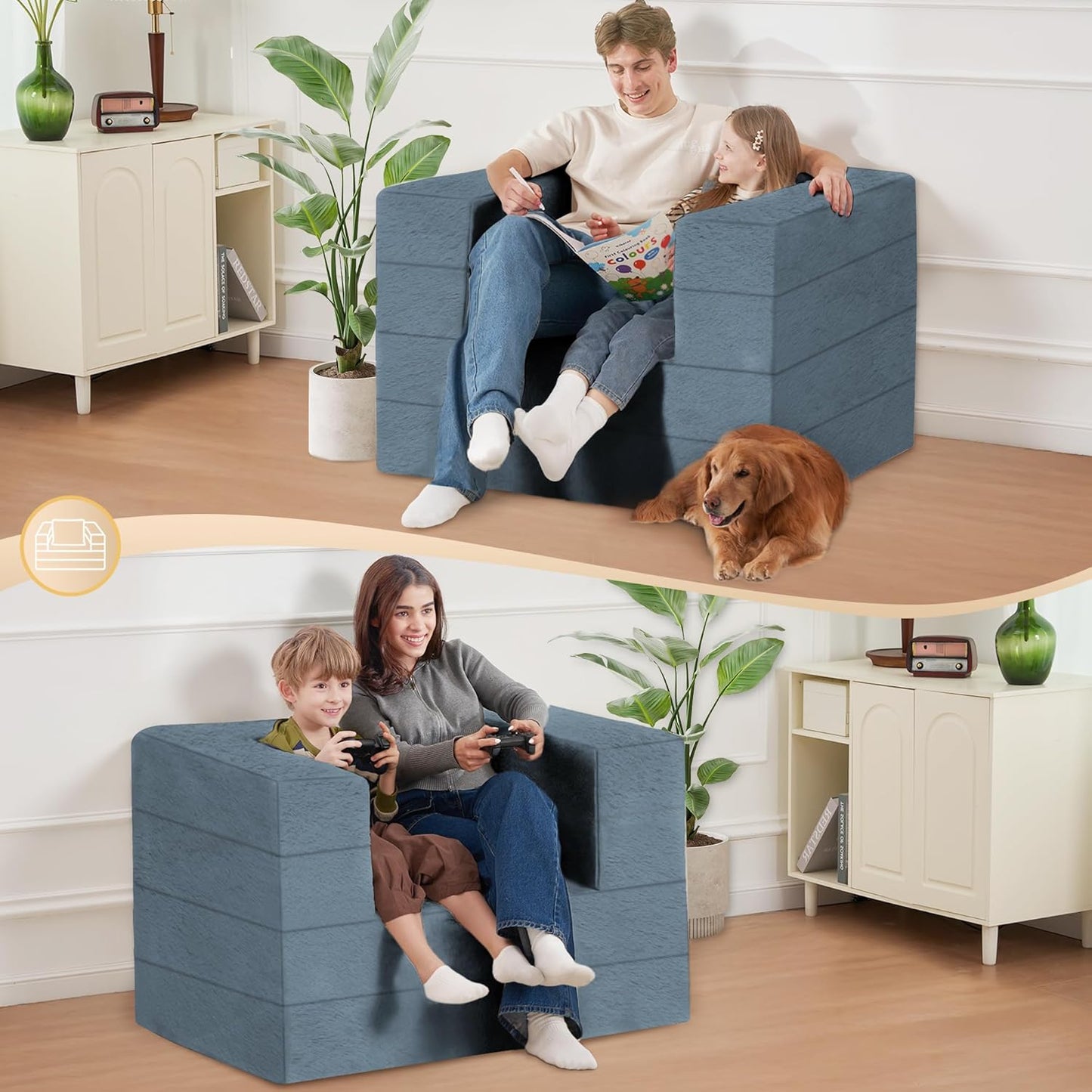 Folding Bean Bag Chair for Adults,3-in-1 Bean Bag Couch Faux Fur Floor Sofa Large Beanbag Convertible Bean Bag Sofa Bed with Pillow in Bedroom,Living Room,Apartment(Twin,Gray)