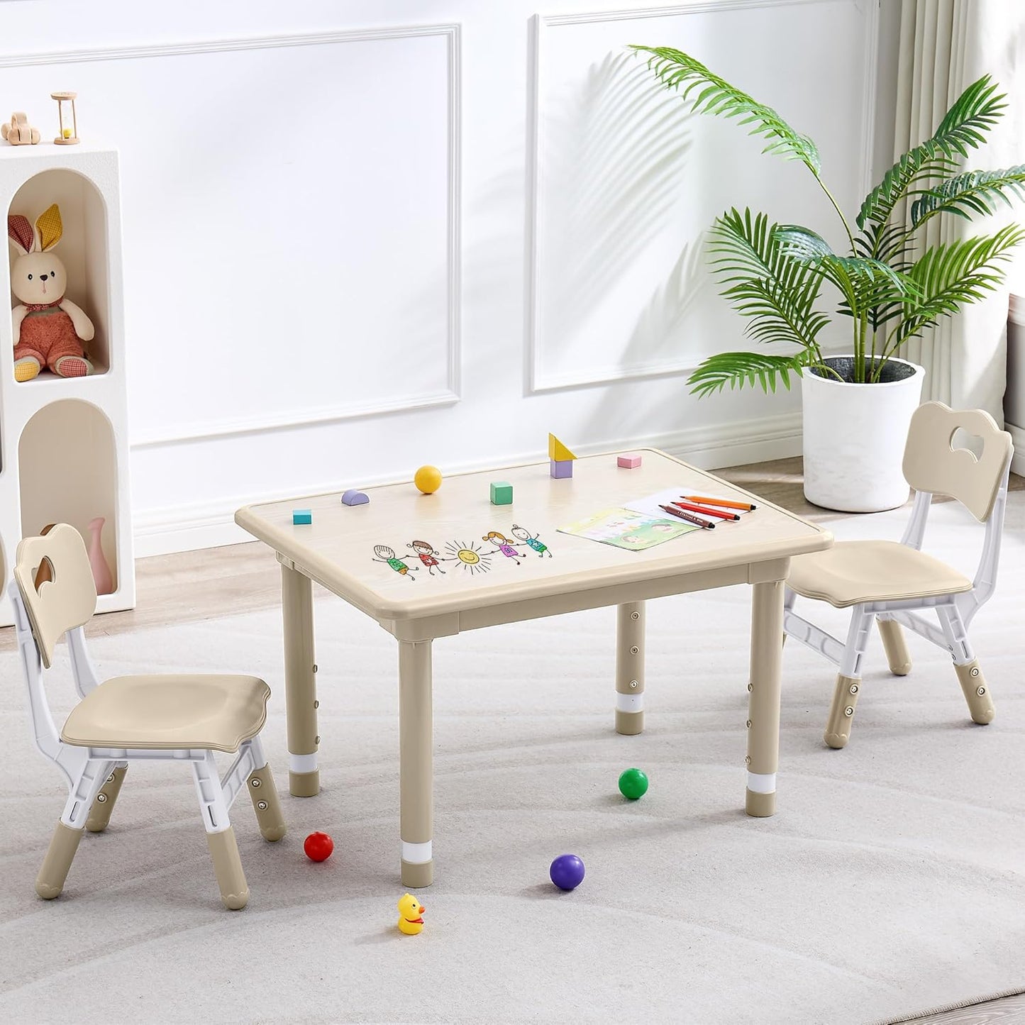 Kids Table and 2 Chairs Set, Height Adjustable (17.7"-26.1") Toddler Table and Chair Set, Multi-Activity Table with Graffiti Desktop, Children’s Table and Chairs for Classroom, Home & Daycare