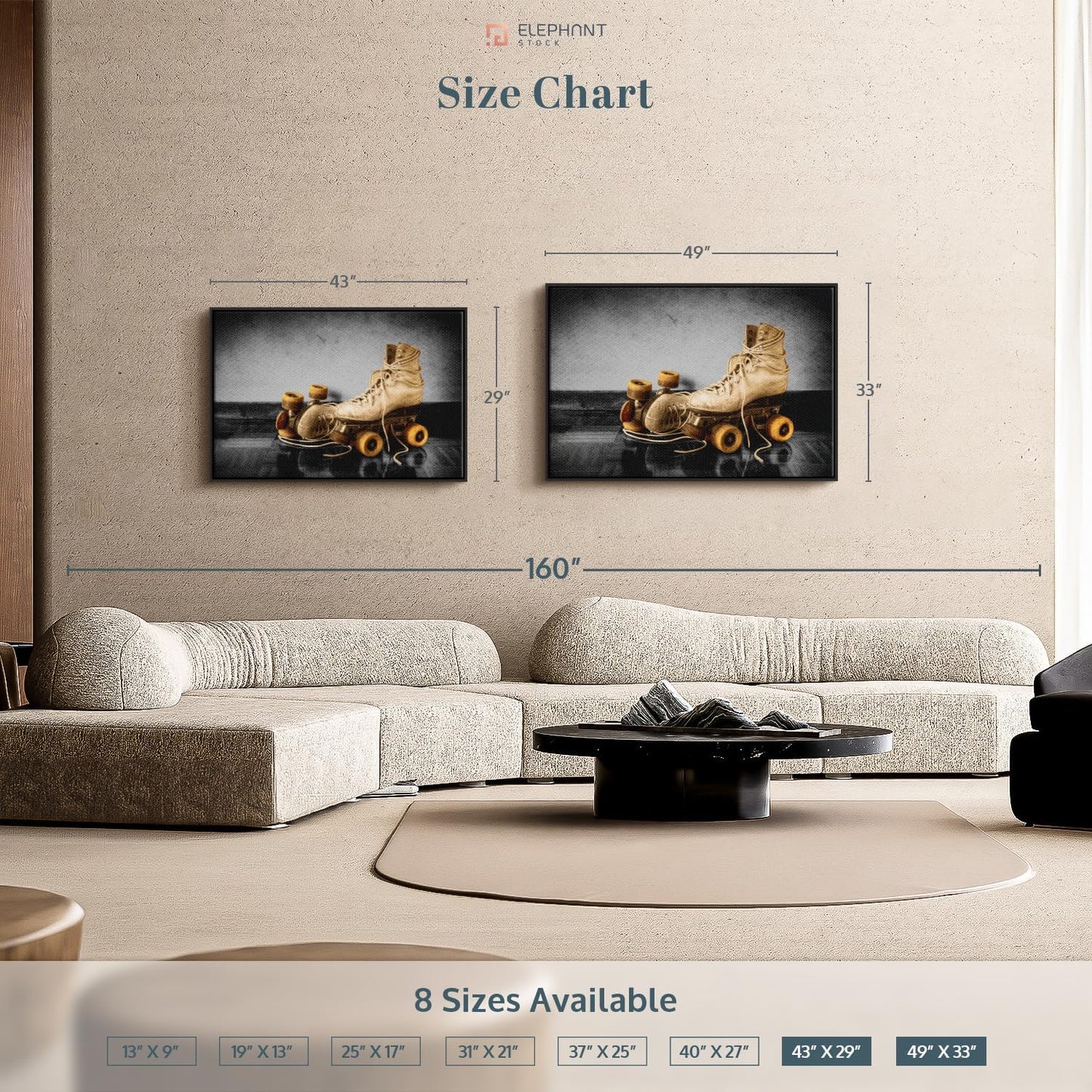 ElephantStock Vintage Skates Pop Wall Art - Horizontal Framed Canvas - 1-Piece Living Room Wall Decor - Sport Photography Canvas Print - Beige and Black Decor for Wall - 43" X 29"