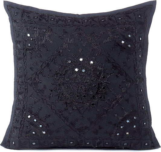 Eyes of India Embroidered Decorative Boho Throw Pillow Cover with Mirrors, Handmade Bohemian Accent Cushion Case for Sofa Couch Bedroom Living Room (Black, 24" x 24")