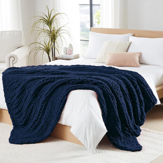 L'AGRATY Chunky Knit Blanket Throw - Soft Chunky Throw Blanket 50x60: 100% Hand Kintted Chenile Crochet Throw Blanket for Couch - Large Cable Knit Chunky Blanket for Home Decor(Dark Blue)
