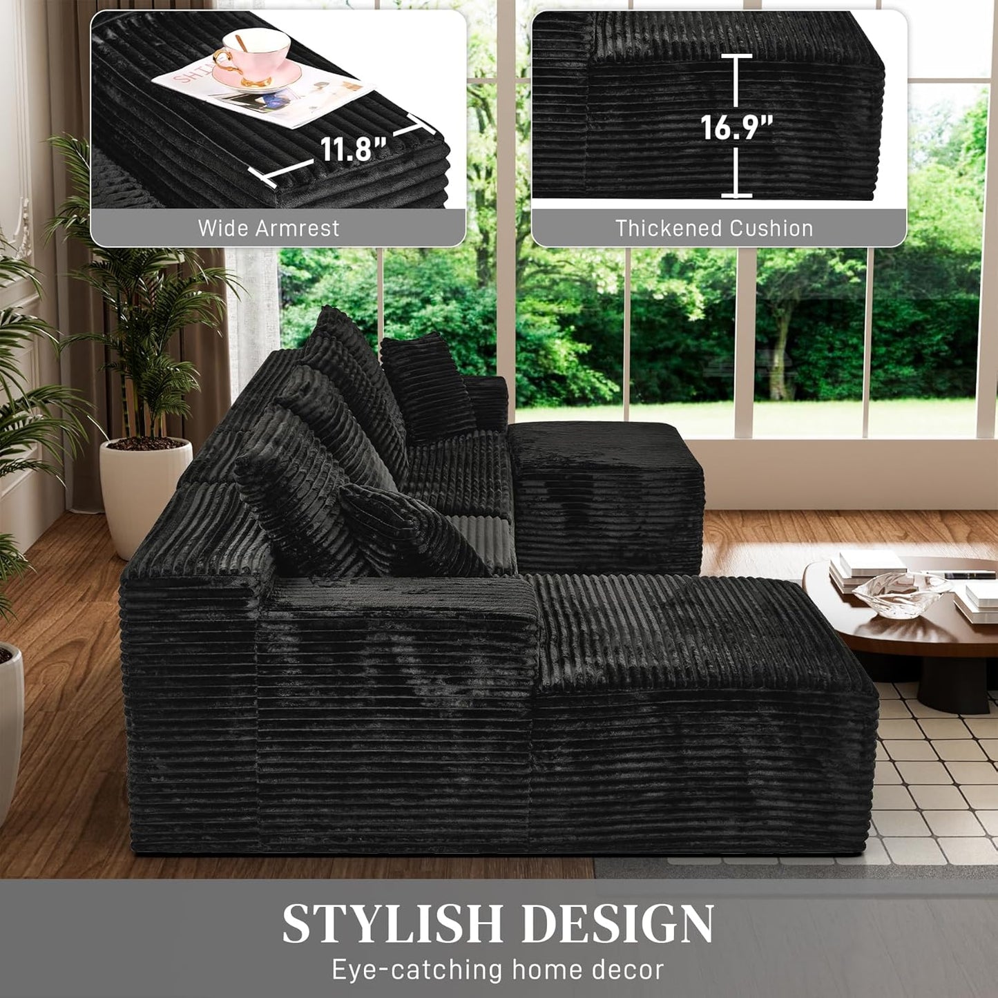 Modular Sectional Sofa Cloud Sectional Couch, 135" Comfy Fluffy U Shaped Black Couches for Living Room, Deep Seat Memory Foam Plush Corduroy Boneless Couch Sectionals with Left Facing Chaise Sofa