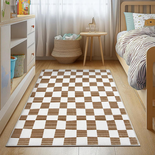 jinchan 3x5 Brown Checkered Area Rugs for Kids Room - Machine Washable Rug Modern Neutral Geometric Lattice Soft Non-Slip Carpet for Nursery Playroom Bedroom Entryway Living Room Home Office