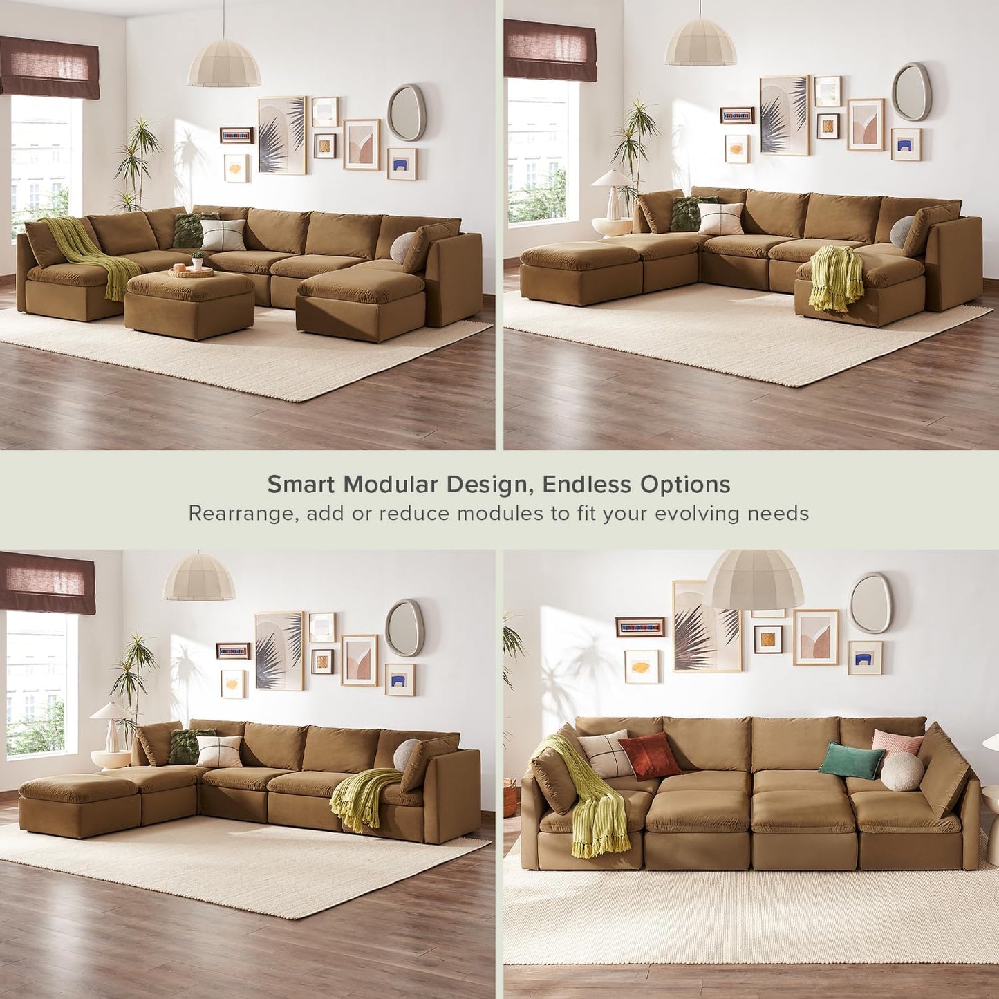 mopio Oversized Modular Sectional Sofa with Fully Removable Covers and Storage, Convertible U, L-Shaped and Sleeper Sectional, Modern Couches with Ottoman Chaise (Hazelnut Velvet, 8 Seats, U)