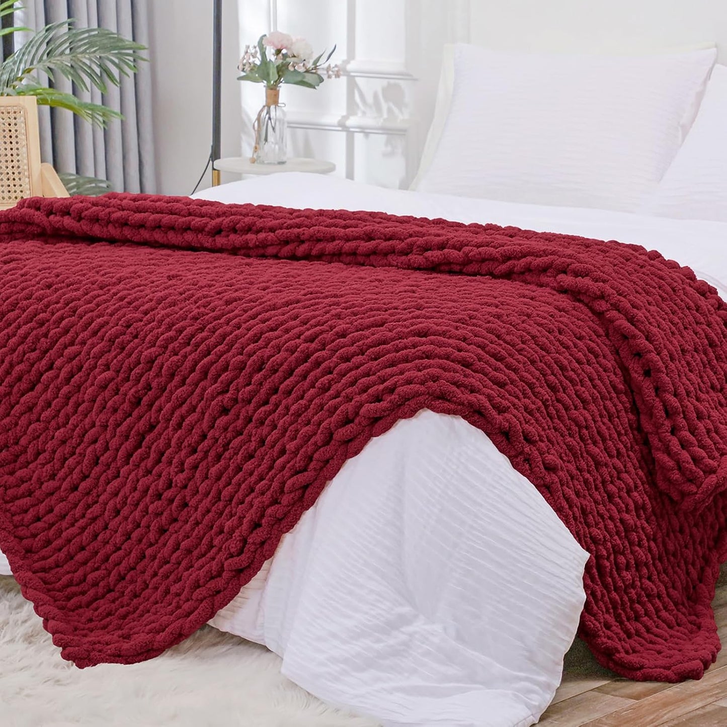 Bigacogo Chunky Knit Throw Blanket for Couch, 51x63 inches, 100% Hand Knitted with Thick Jumbo Chenille Yarn, Cozy Soft Large Rope Knot Cable Crochet Blankets for Sofa Bed Living Room, Red