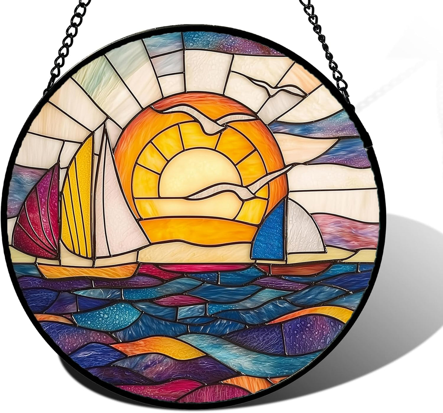 Stained Glass Window Hanging, Sailboat and Waves Suncatcher Diamond Glass Panel Hangings Sun Catchers Decor for Birthday for Women, Men, Wife, Aunt, and Mom 11.8x11.8 in