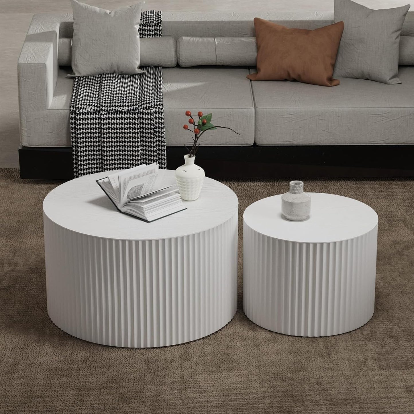Round Coffee Table Set of 2, Nesting Coffee Table and End Table Set Small Circle Drum Side Table for Living Room Office, No Assembly (B White Large)