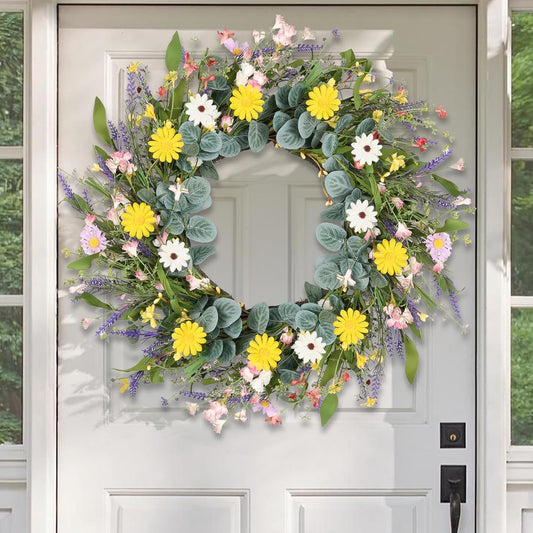 Artgar Spring Wreaths for Front Door, 24 Inch Daisy Wreath, Artificial Spring Summer Wreath with Eucalyptus Leaves Paper Flowers for Indoor Outdoor Home Door Window Wall Wedding Decor