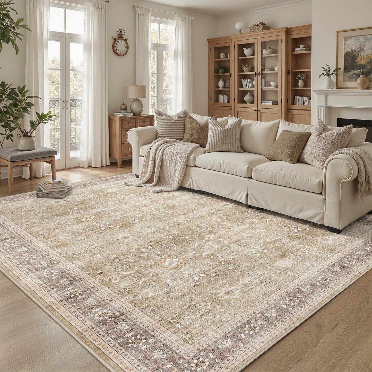 DCX Machine Washable Brown and Beige Area Rug 5x7, Non Slip Stain Resistant Vintage Rug for Living Room Diningroom Bedroom Nursery, Soft Low Pile Large Carpet