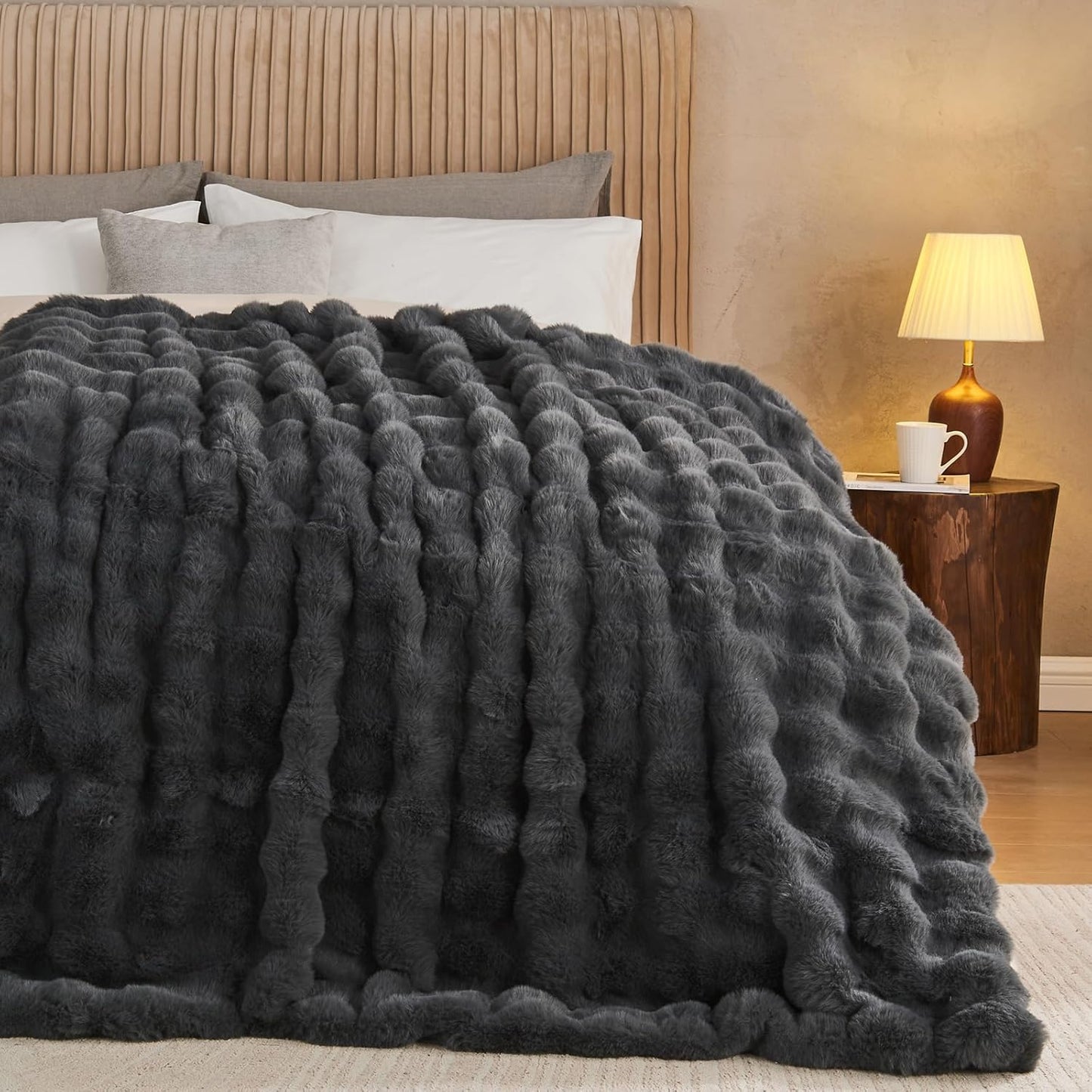 Lotus Karen King Size Faux Fur Blanket - Dark Gray, Big Bubble Rabbit Fluff, 108x90 Inches